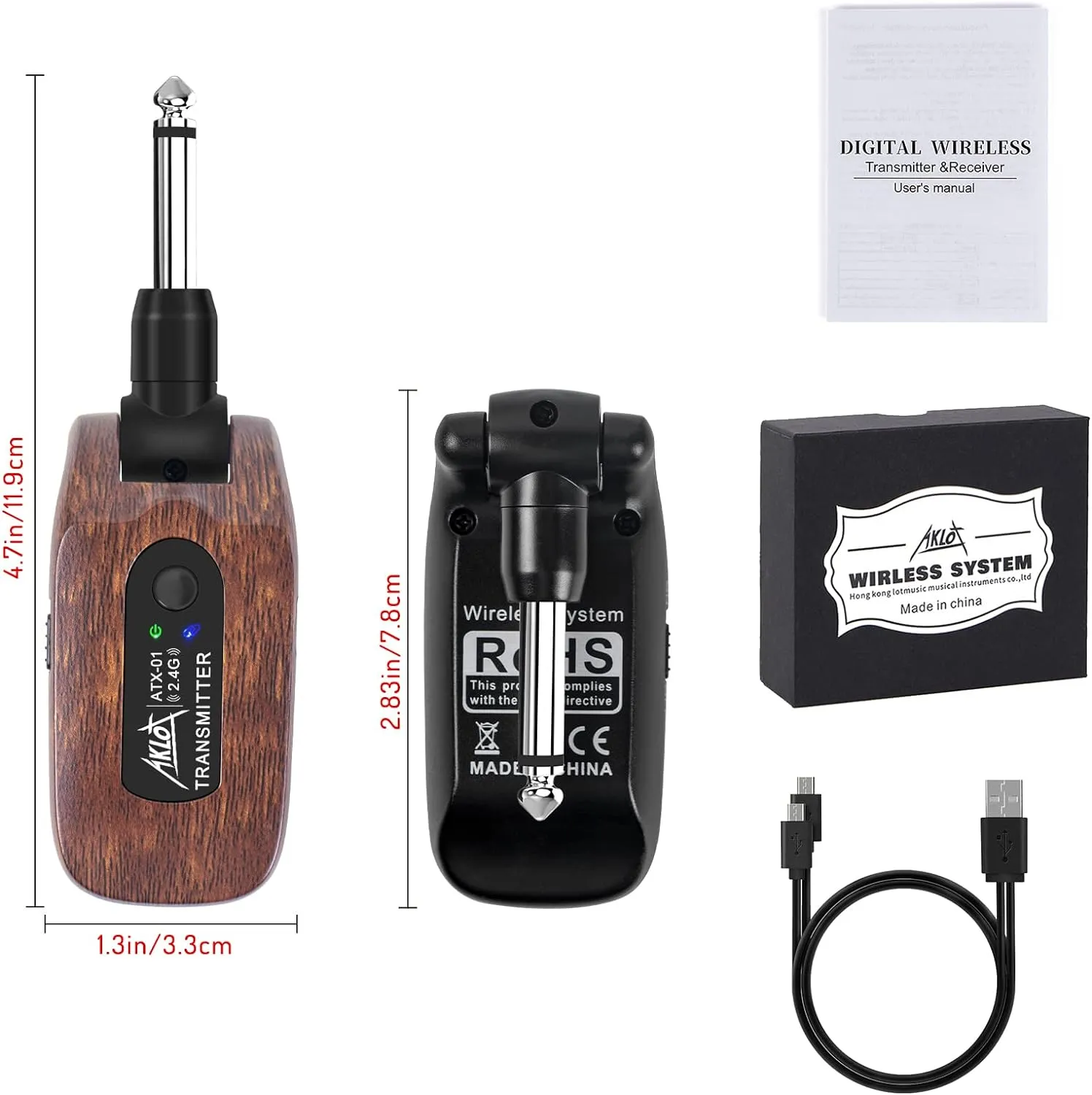 AKLOT Wireless Guitar System Transmitter Receiver Set 2.4GHz Built-in Rechargeable Lithium Battery Digital for Electric Guitar Bass