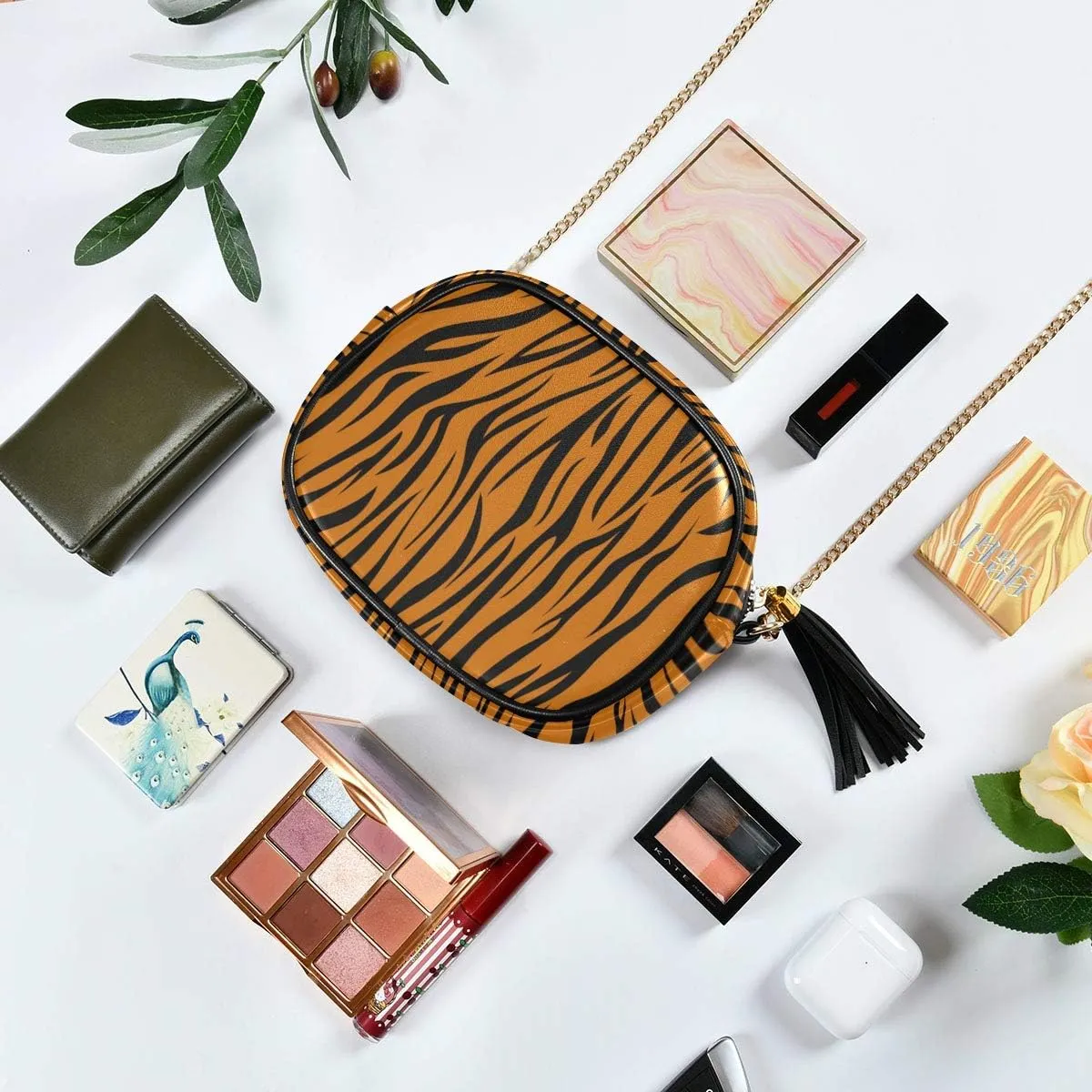 ALAZA Tiger Stripe Wild Animal Print Cross Body Fashion Chain Bag Single Shoulder PU Leather Purse for Women Girls