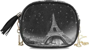 ALAZA Wonderful Night View of Eiffel Tower in Paris Cross Body Fashion Chain Bag Single Shoulder PU Leather Purse for Women Girls