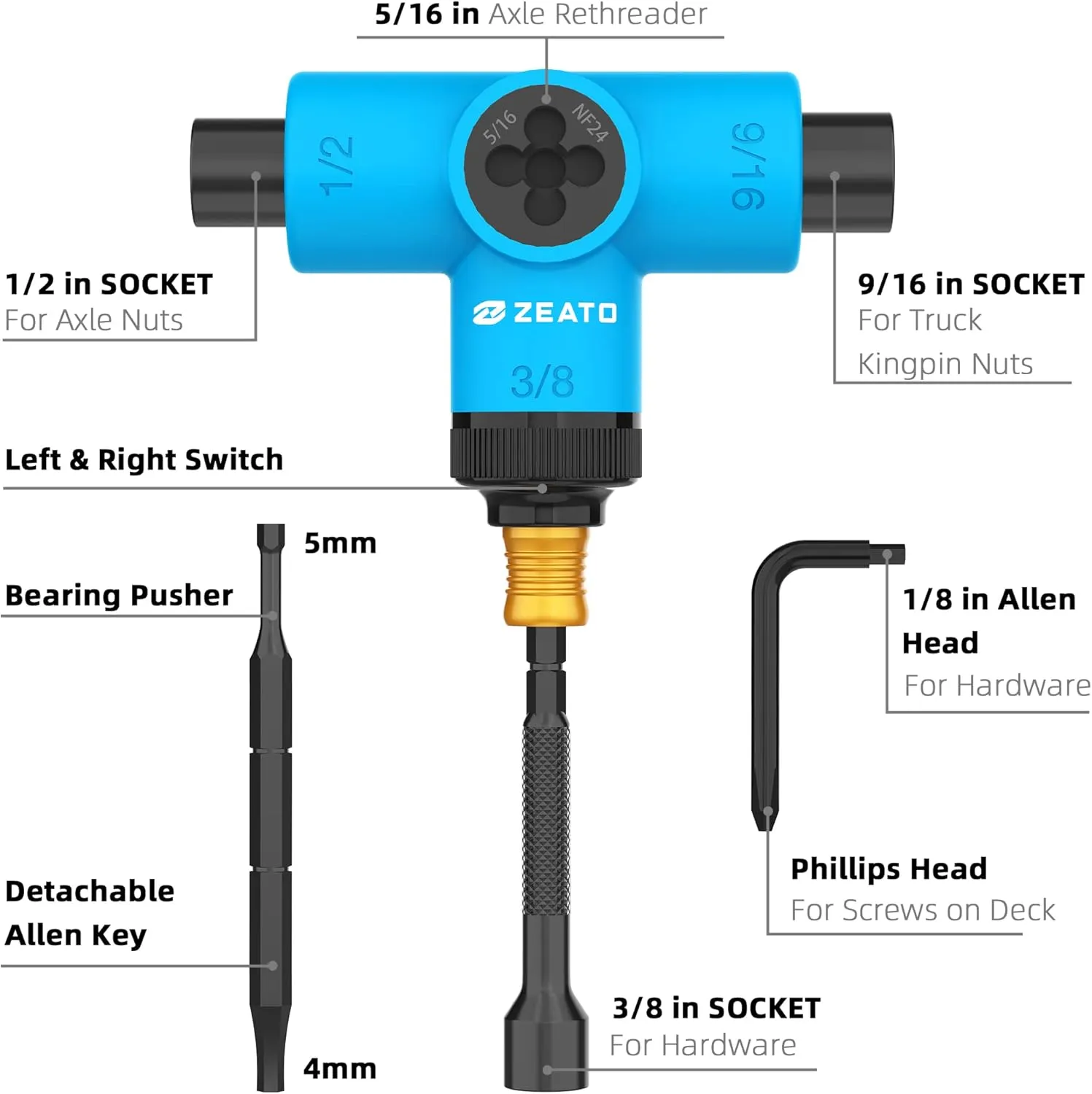 All-in-One Skate Tools Multi-Function Portable Skateboard T Tool Accessory with T-Type Allen Key and L-Type Phillips Head Wrench Screwdriver