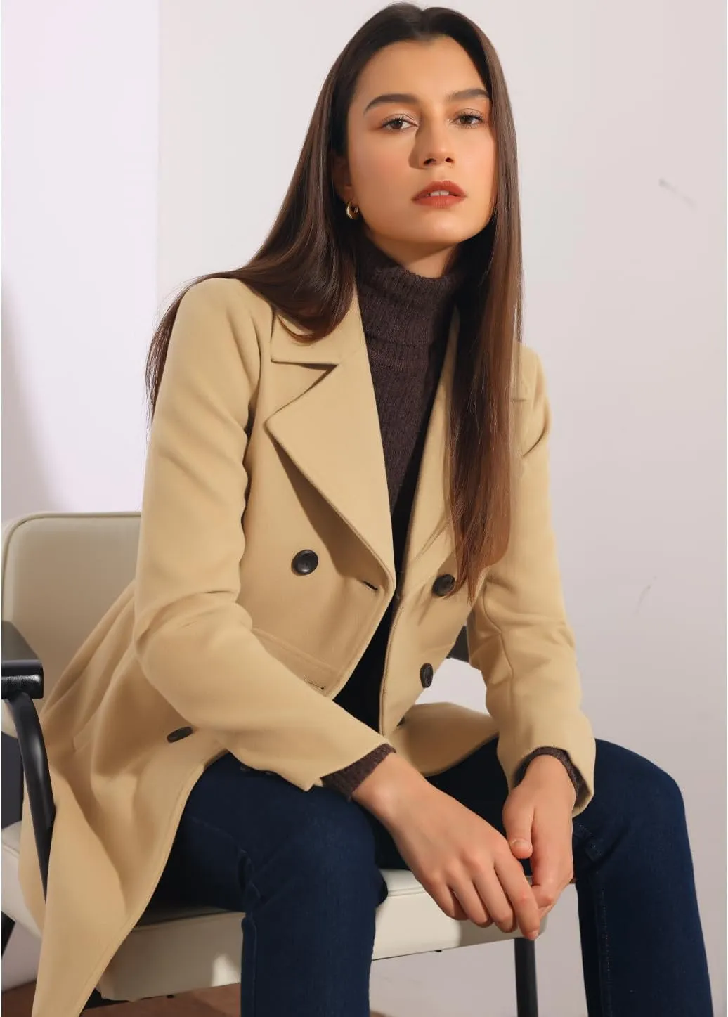Allegra K Women's 2024 Winter Outerwear Mid-Long Double Breasted Pea Coat