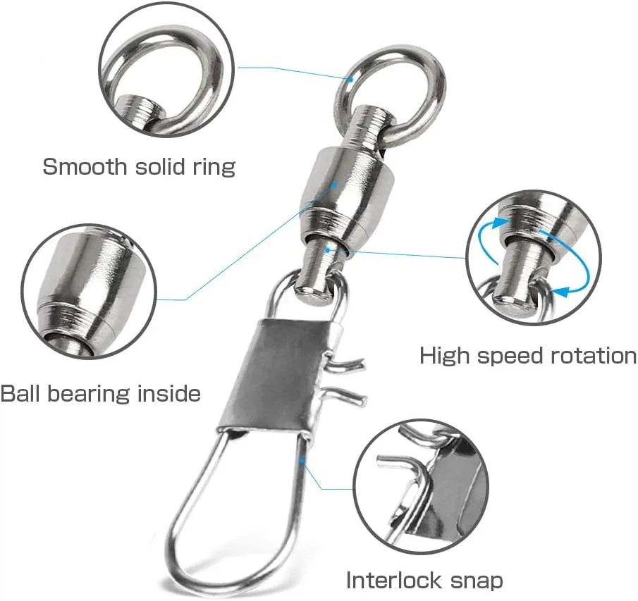 AMYSPORTS Fishing Swivels with Interlock Snap Ball Bearing Swivels Fishing Snap Swivels Saltwater Freshwater Fishing Tackle Leader Lure Jigs Line Fishing Connector