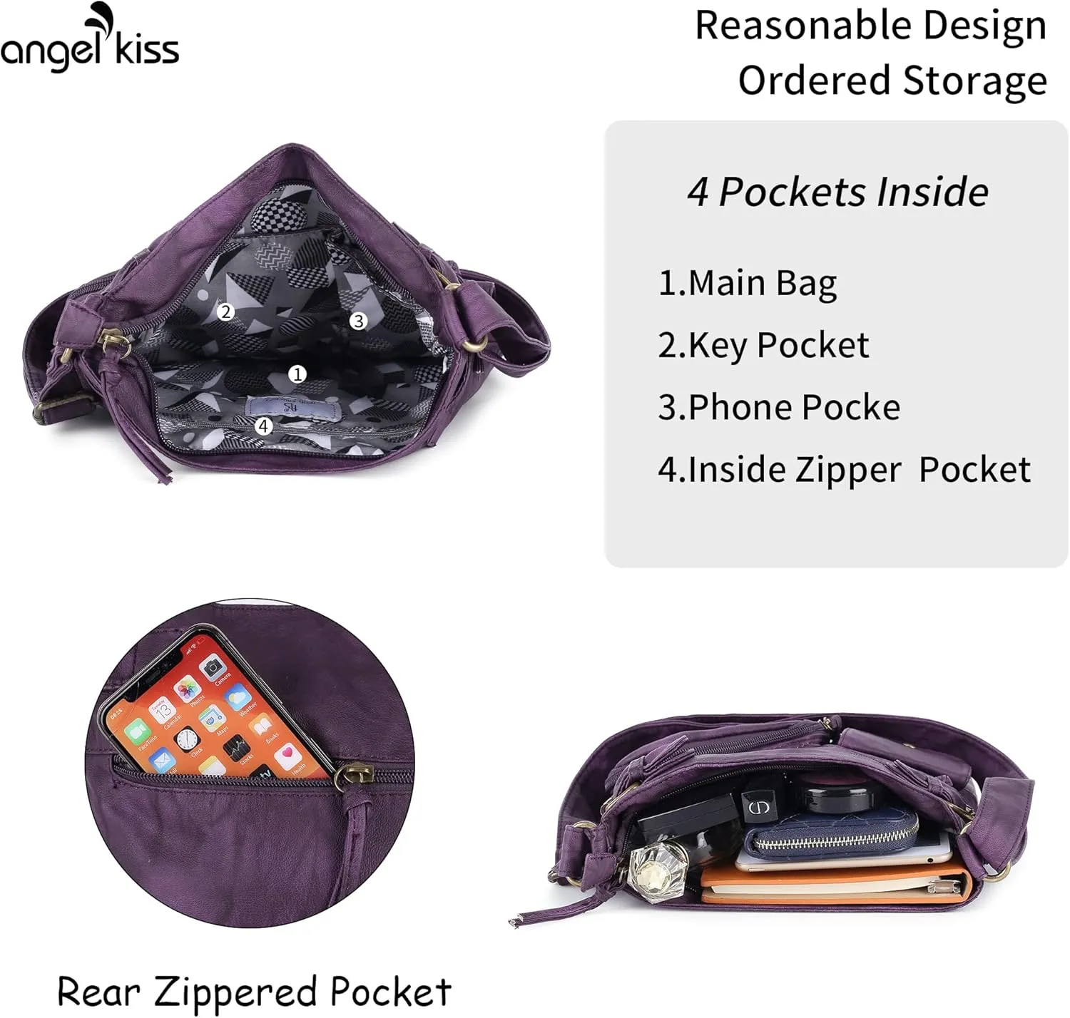Angel Kiss Crossbody Bags for Women Washed Leather Shoulder Bags Multi Pocket Soft Hobo Purses and Medium Handbags