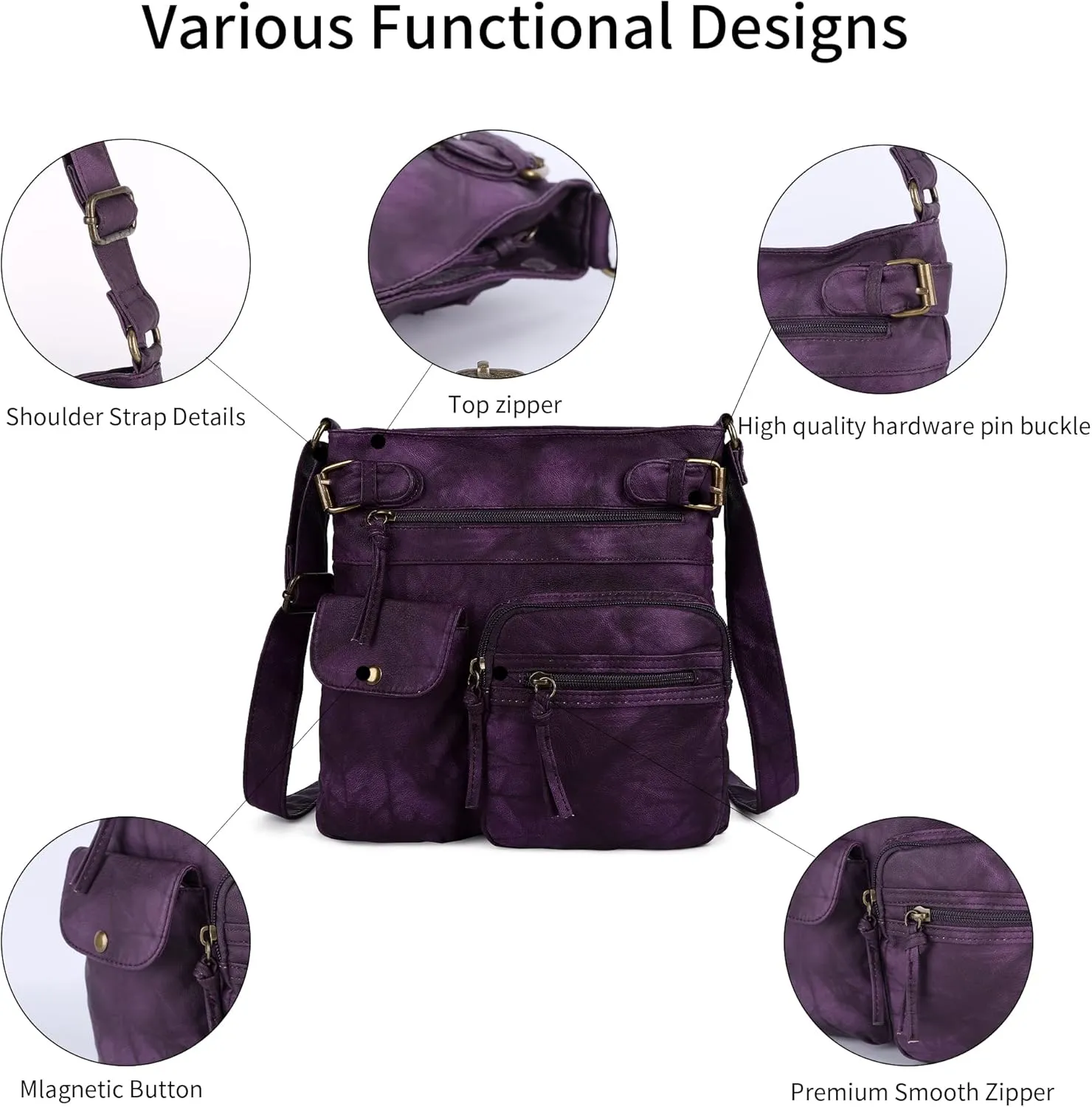 Angel Kiss Crossbody Bags for Women Washed Leather Shoulder Bags Multi Pocket Soft Hobo Purses and Medium Handbags