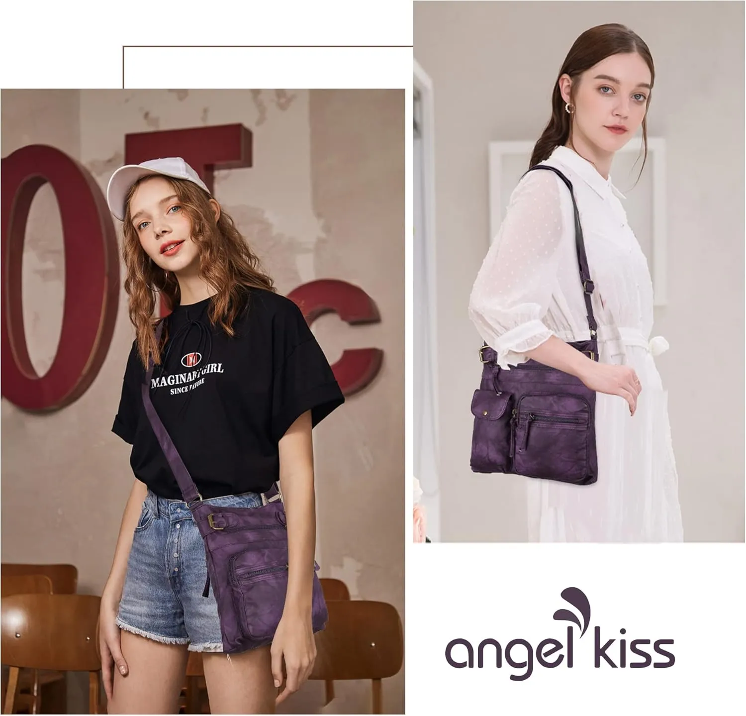 Angel Kiss Crossbody Bags for Women Washed Leather Shoulder Bags Multi Pocket Soft Hobo Purses and Medium Handbags