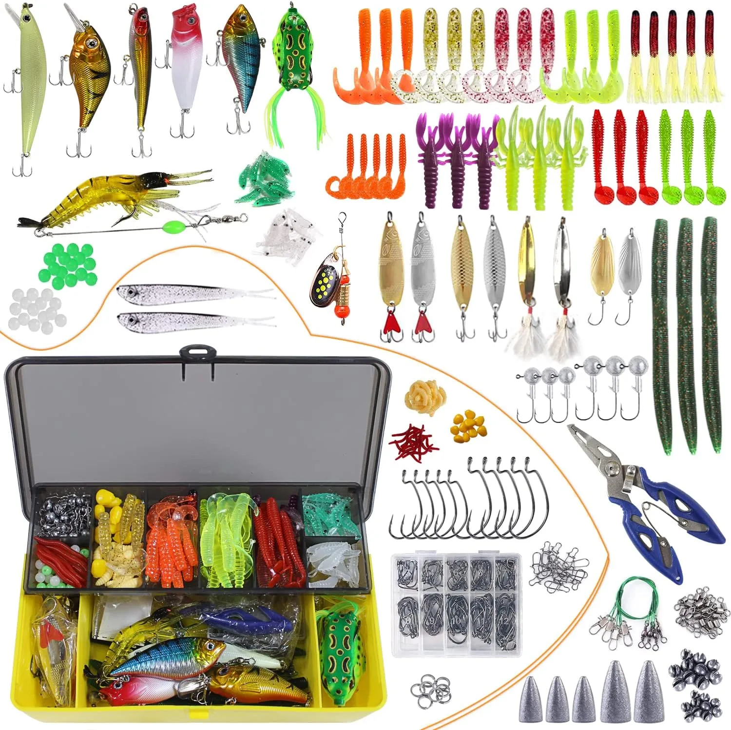 Animated Lure Kit Set - 321pcs Fishing Tackle Including Crankbaits/Spinnerbaits/Plastic Worms/Jigs/Topwater Lures/Hooks/Tackle Box