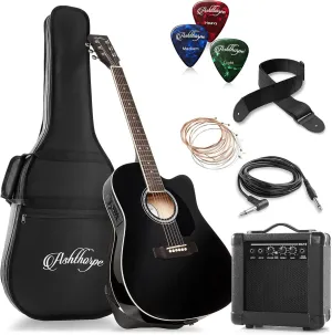 Ashthorpe Full-Size Thinline Cutaway Acoustic Electric Guitar Package with 10 Watt Amp - Black