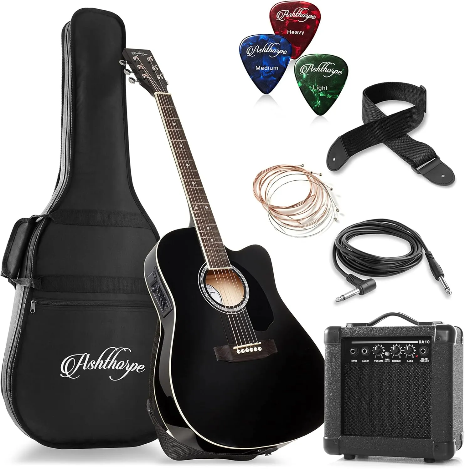 Ashthorpe Full-Size Thinline Cutaway Acoustic Electric Guitar Package with 10 Watt Amp - Black