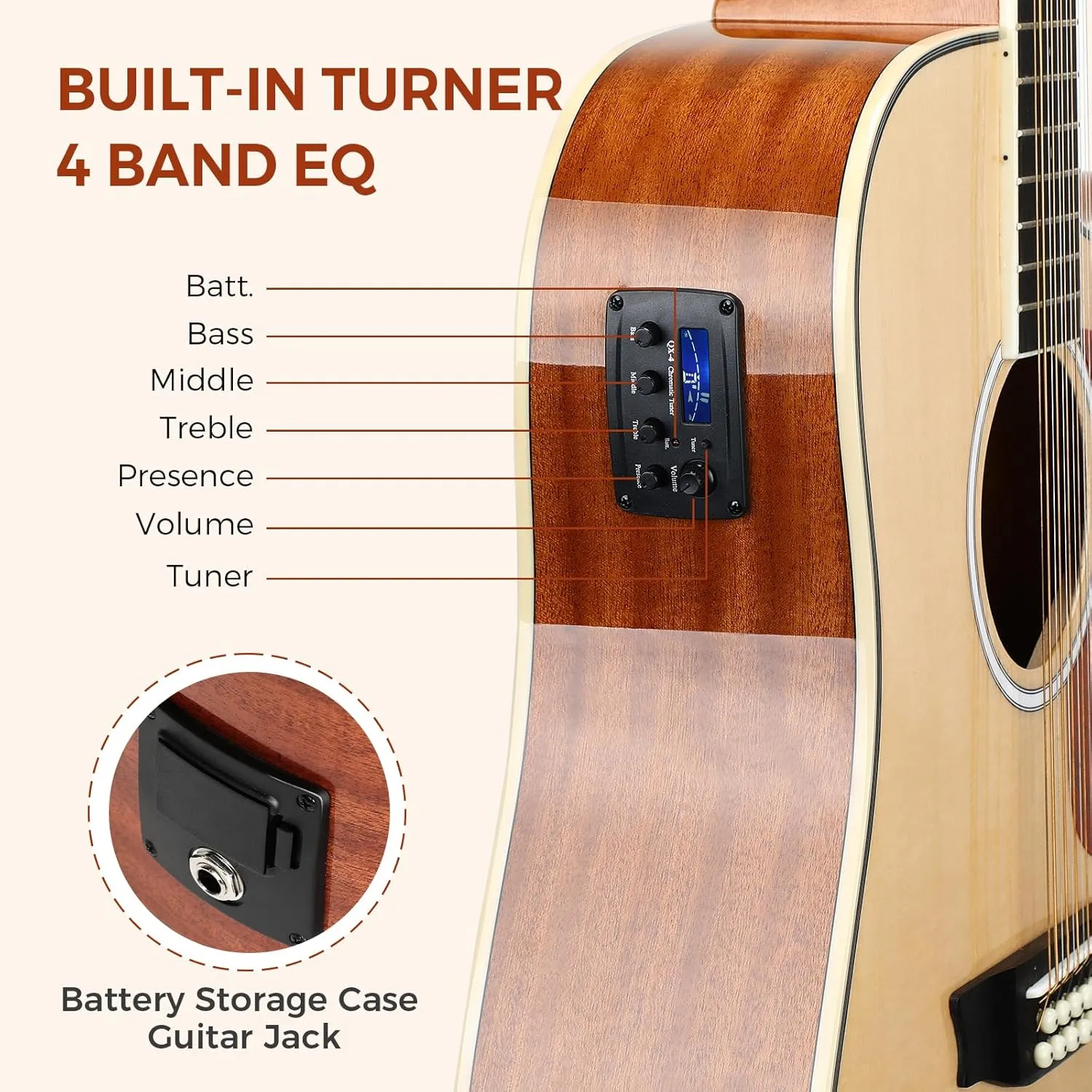 Asmuse 42” Acoustic Electric Guitar, 12 String Full Size Acoustic Guitar Bundle with 4-Band EQ, Gig Bag, Picks, Shoulder Strap