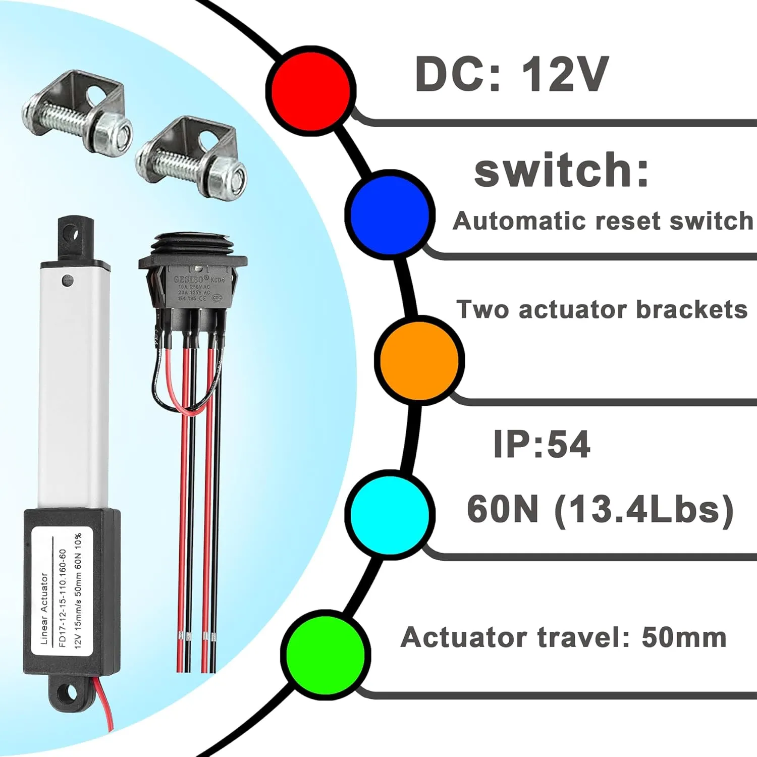 AWINLI Mini Electric Linear Actuator 12V 2 Inch Stroke 60N/13.4lb Speed 0.6 "/s Mini Small Metal Motion Actuator with Mounting Bracket and Control Switch,Suitable for Pet Doors,Micro Devices (50mm)