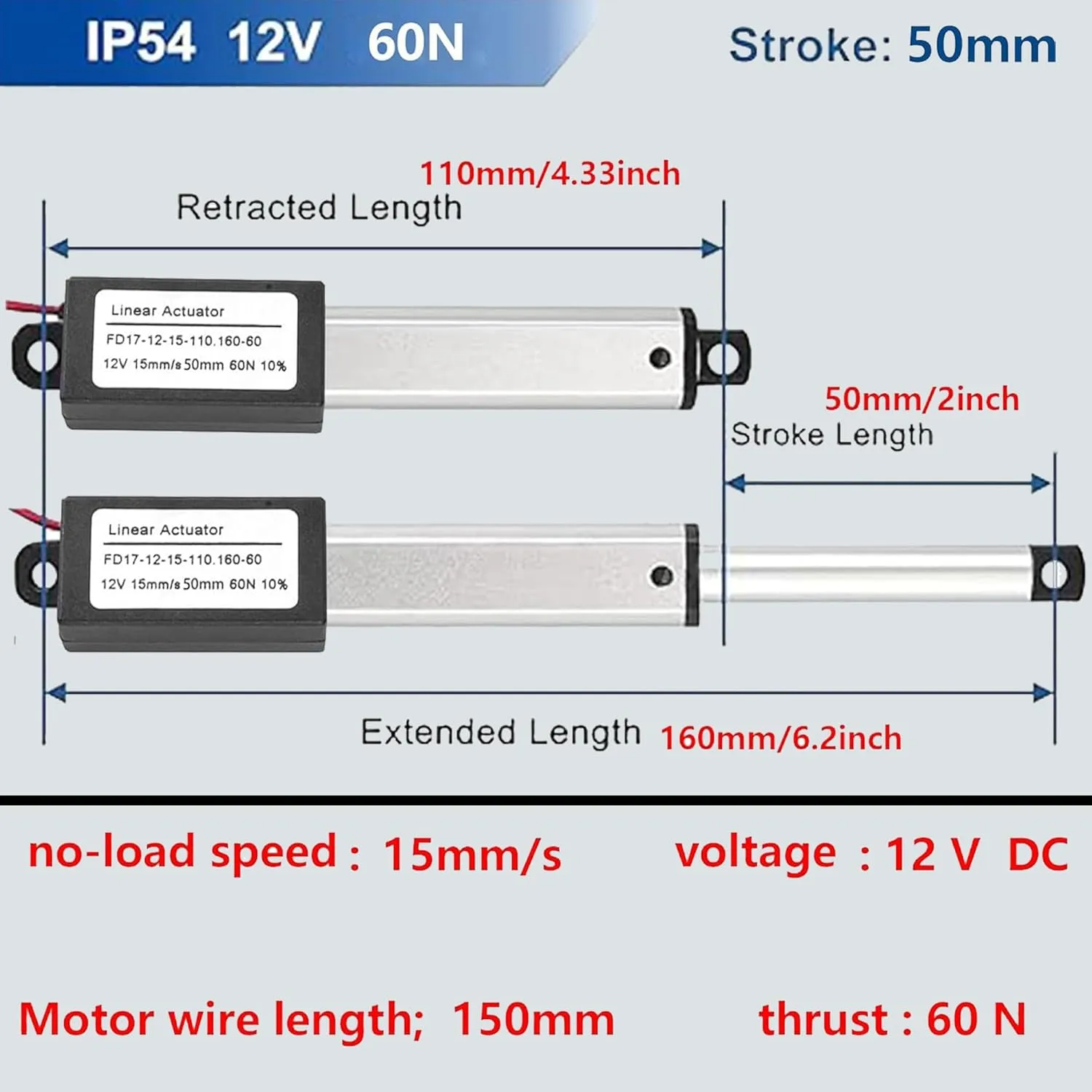 AWINLI Mini Electric Linear Actuator 12V 2 Inch Stroke 60N/13.4lb Speed 0.6 "/s Mini Small Metal Motion Actuator with Mounting Bracket and Control Switch,Suitable for Pet Doors,Micro Devices (50mm)