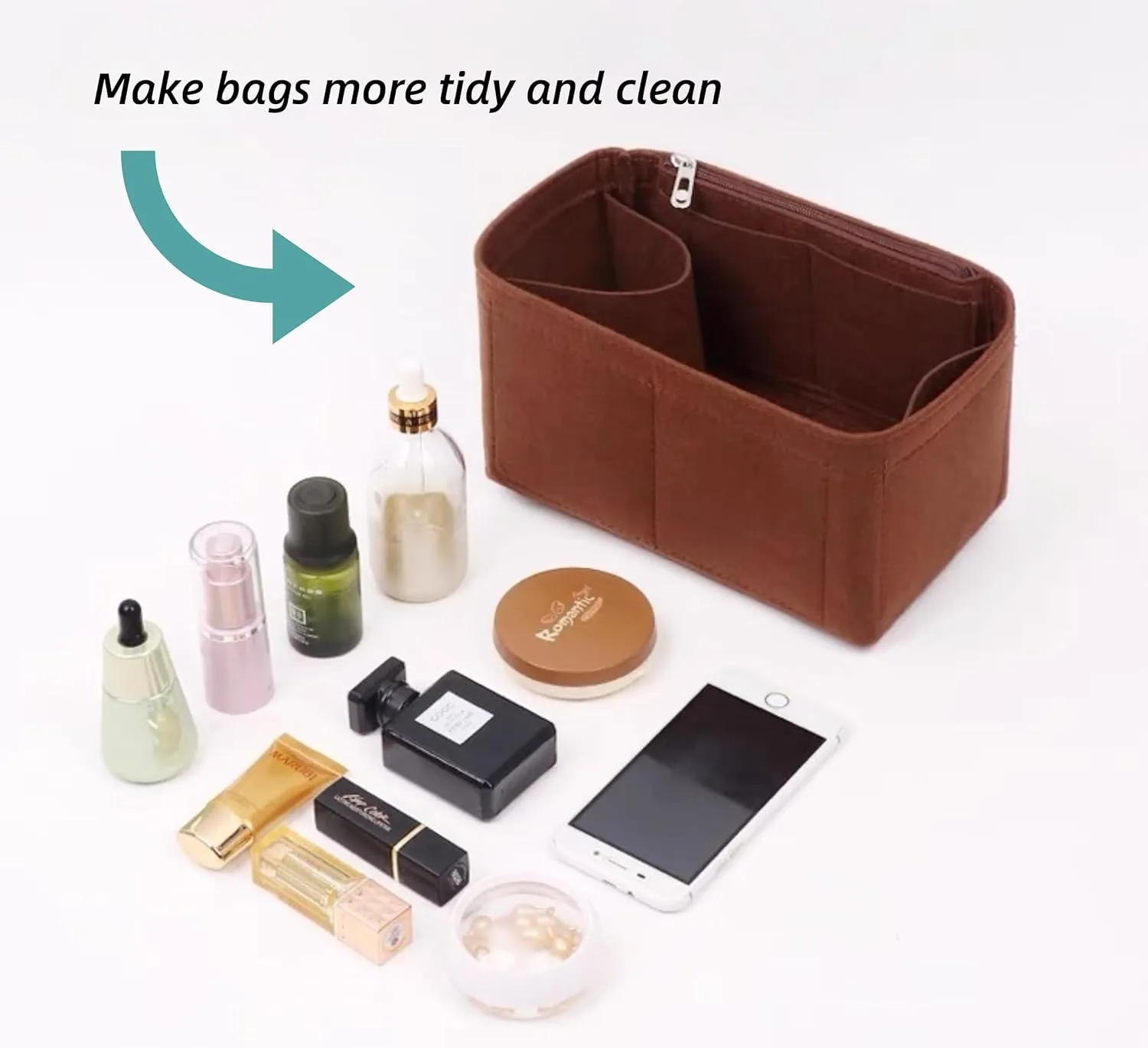 Bag Organizer for Loewe Large Flamenco Clutch (Bag Size: 38L x 29H x 14D cm) | Handmade Bag Organizer | Custom Bag Insert | 2mm Felt Bag Liner (Brown, Style C)