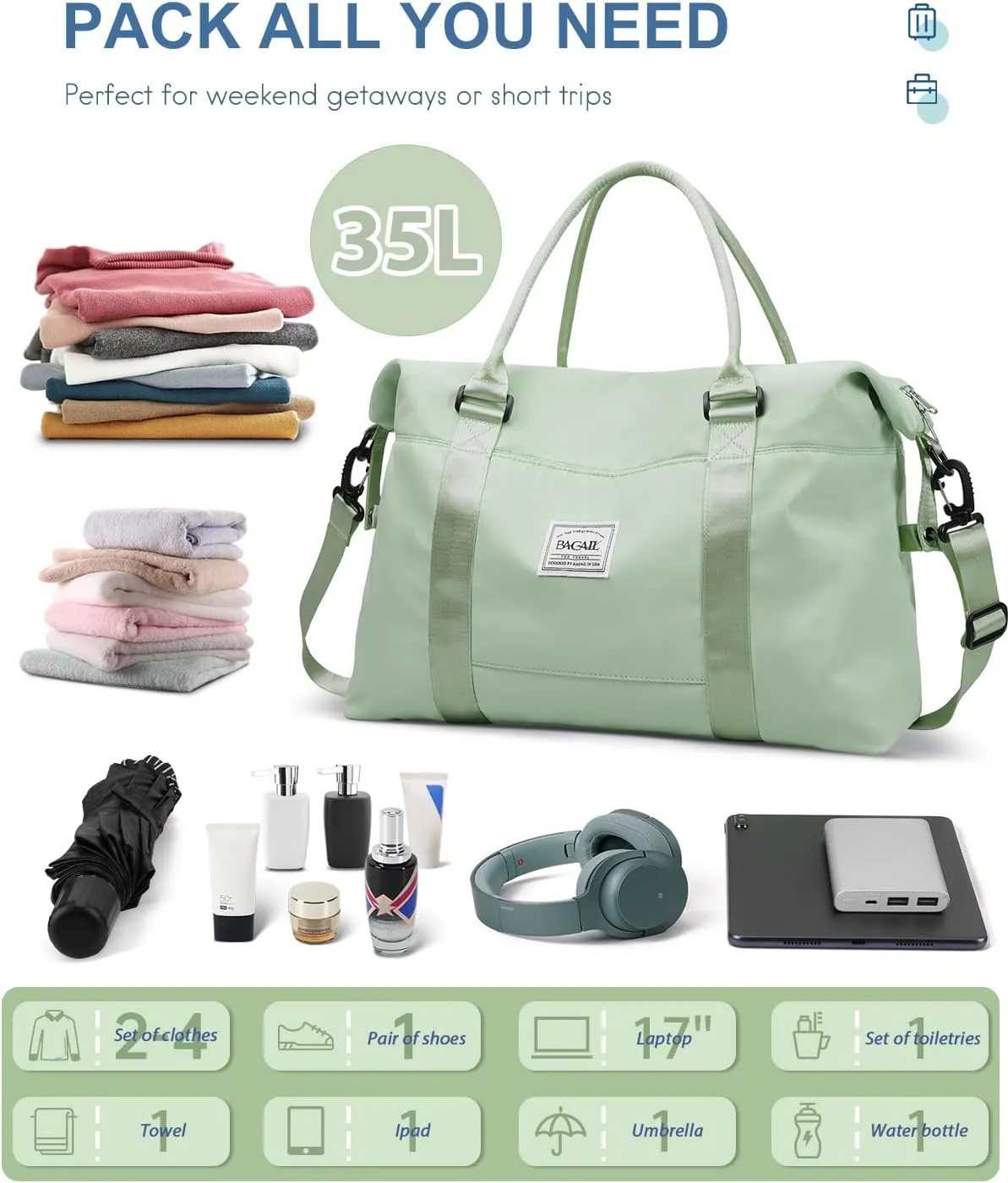BAGAIL Travel Duffel Bag, Weekender Bags for Women, Overnight Gym Carry On Tote Bag with Wet Pocket, Hospital Mom Bag for Labor and Delivery - Pale Green