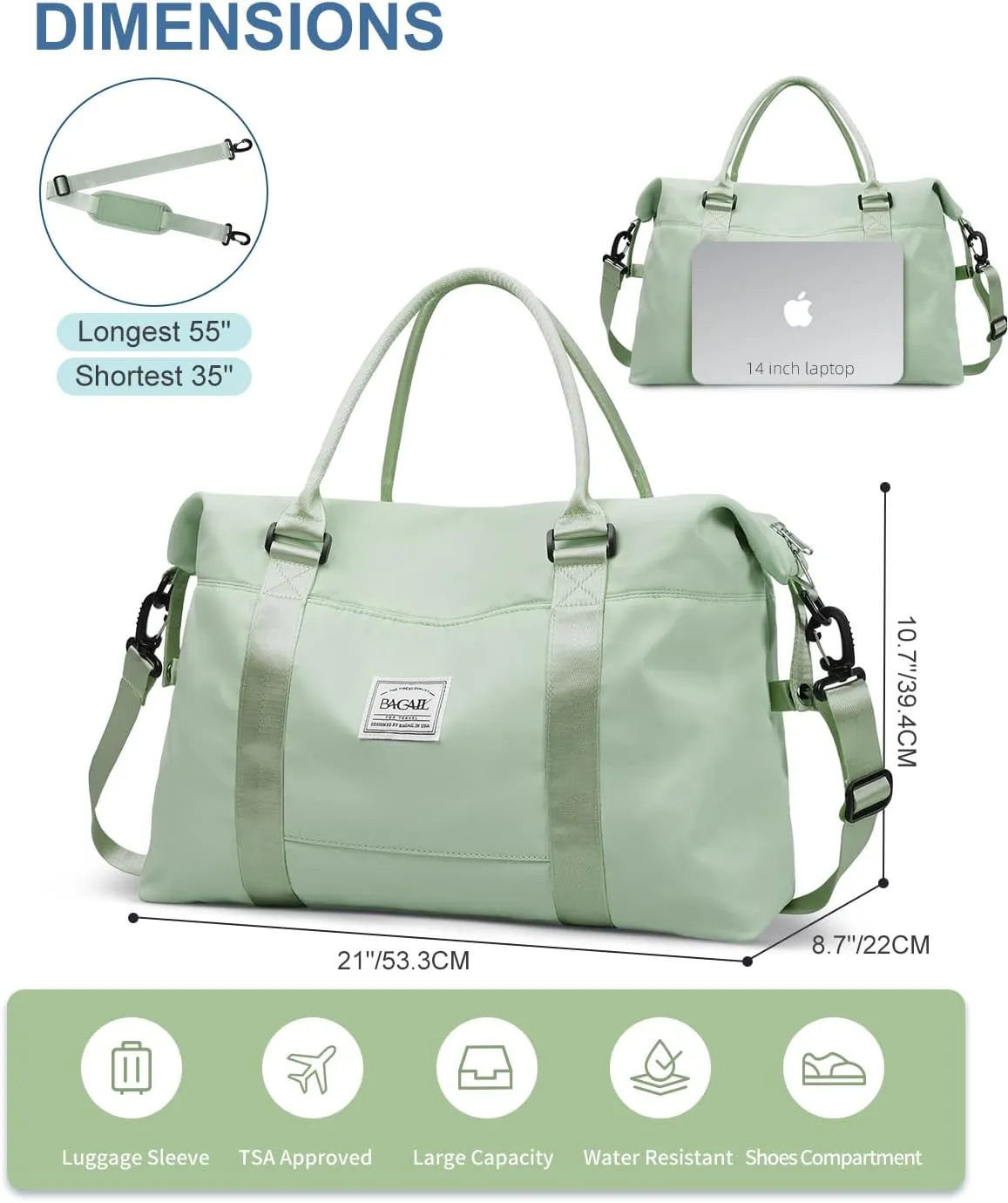BAGAIL Travel Duffel Bag, Weekender Bags for Women, Overnight Gym Carry On Tote Bag with Wet Pocket, Hospital Mom Bag for Labor and Delivery - Pale Green