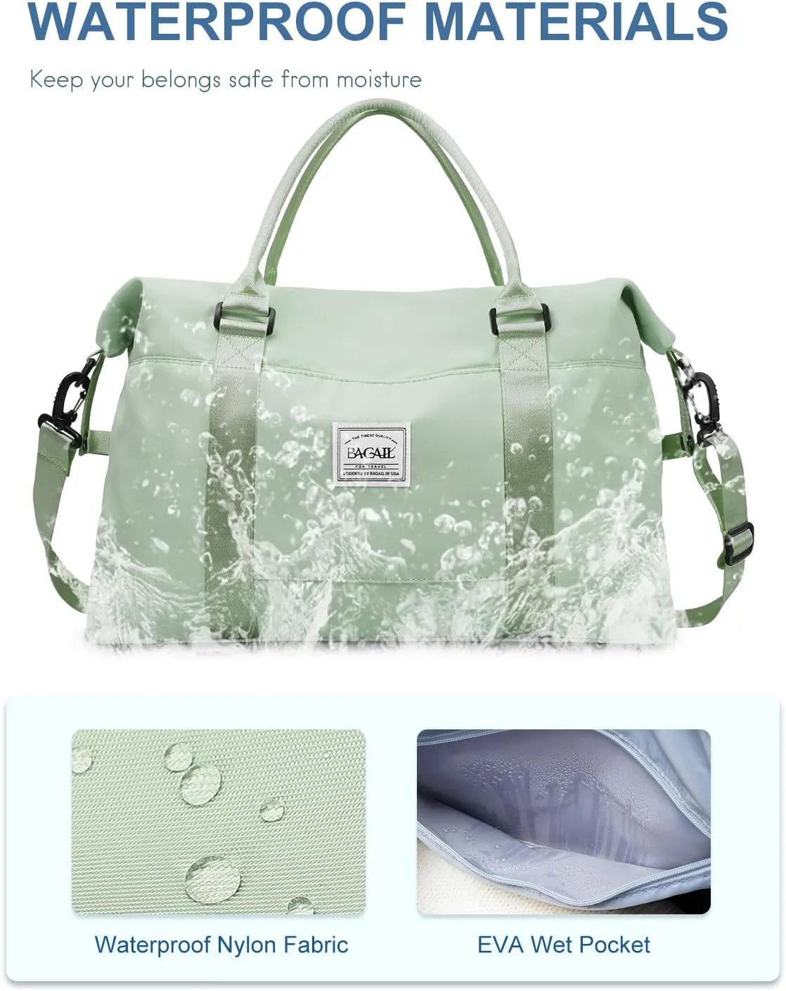 BAGAIL Travel Duffel Bag, Weekender Bags for Women, Overnight Gym Carry On Tote Bag with Wet Pocket, Hospital Mom Bag for Labor and Delivery - Pale Green