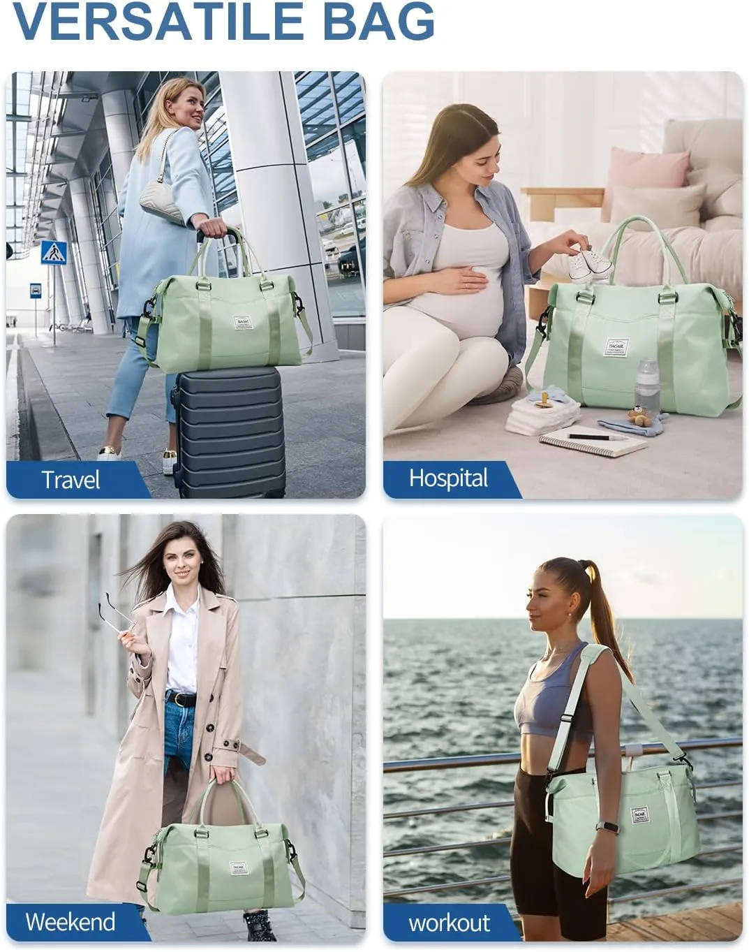 BAGAIL Travel Duffel Bag, Weekender Bags for Women, Overnight Gym Carry On Tote Bag with Wet Pocket, Hospital Mom Bag for Labor and Delivery - Pale Green