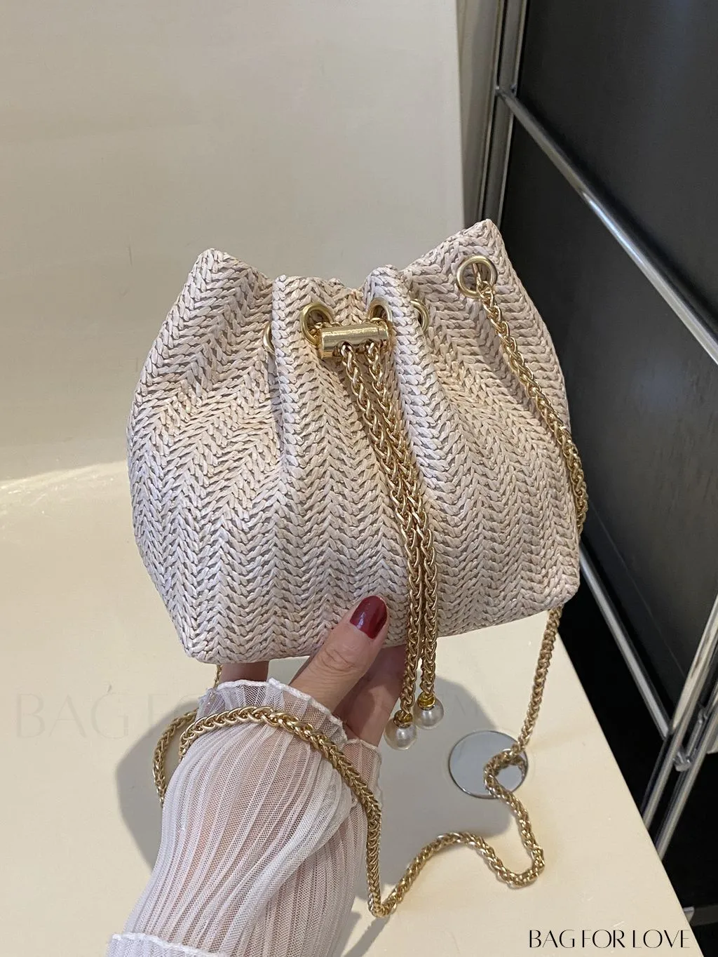 BagForLove - Chic Drawstring Bucket Bag with Mini Faux Pearl Embellishment
