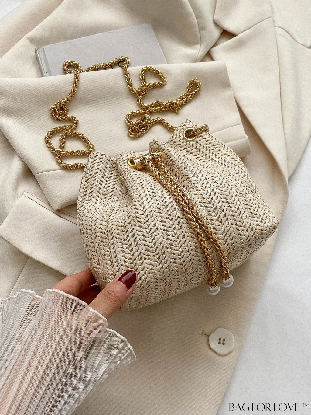 BagForLove - Chic Drawstring Bucket Bag with Mini Faux Pearl Embellishment