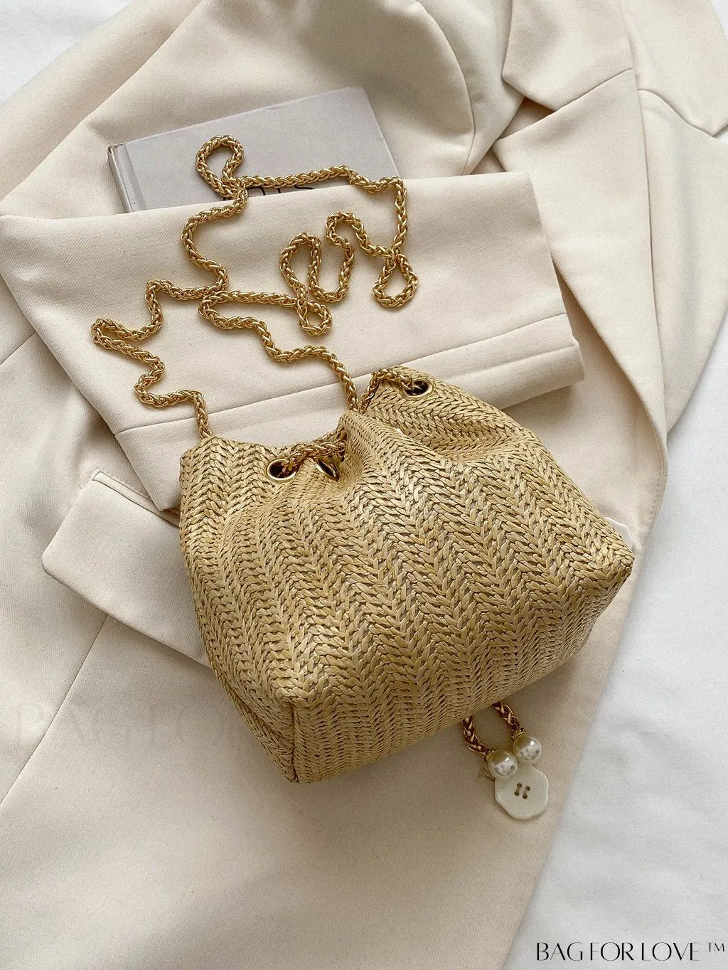 BagForLove - Chic Drawstring Bucket Bag with Mini Faux Pearl Embellishment