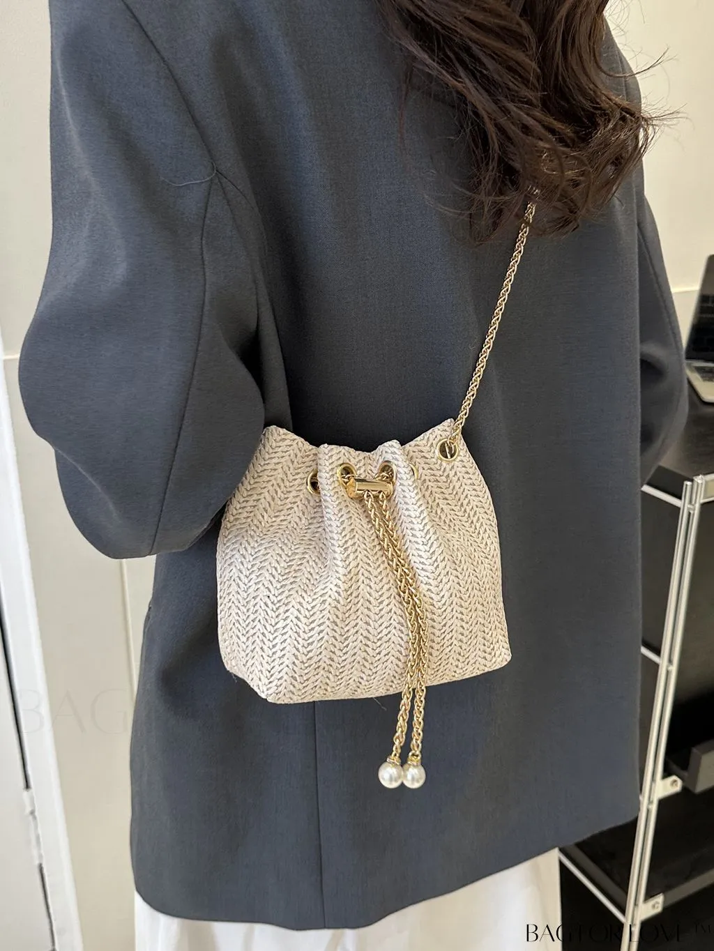 BagForLove - Chic Drawstring Bucket Bag with Mini Faux Pearl Embellishment