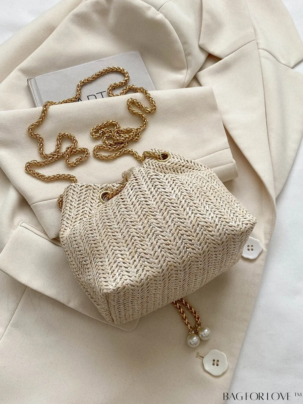 BagForLove - Chic Drawstring Bucket Bag with Mini Faux Pearl Embellishment