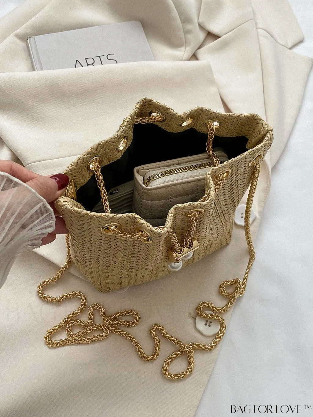 BagForLove - Chic Drawstring Bucket Bag with Mini Faux Pearl Embellishment