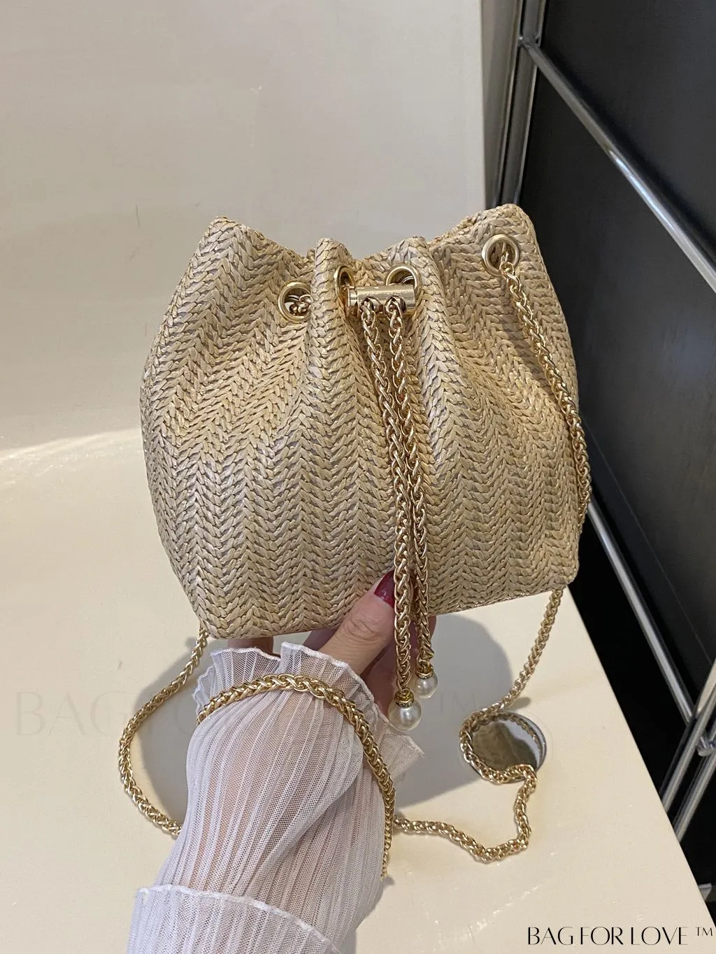 BagForLove - Chic Drawstring Bucket Bag with Mini Faux Pearl Embellishment