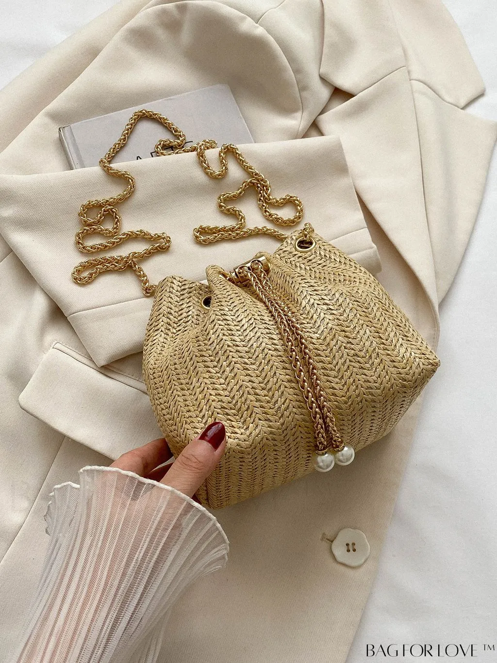 BagForLove - Chic Drawstring Bucket Bag with Mini Faux Pearl Embellishment