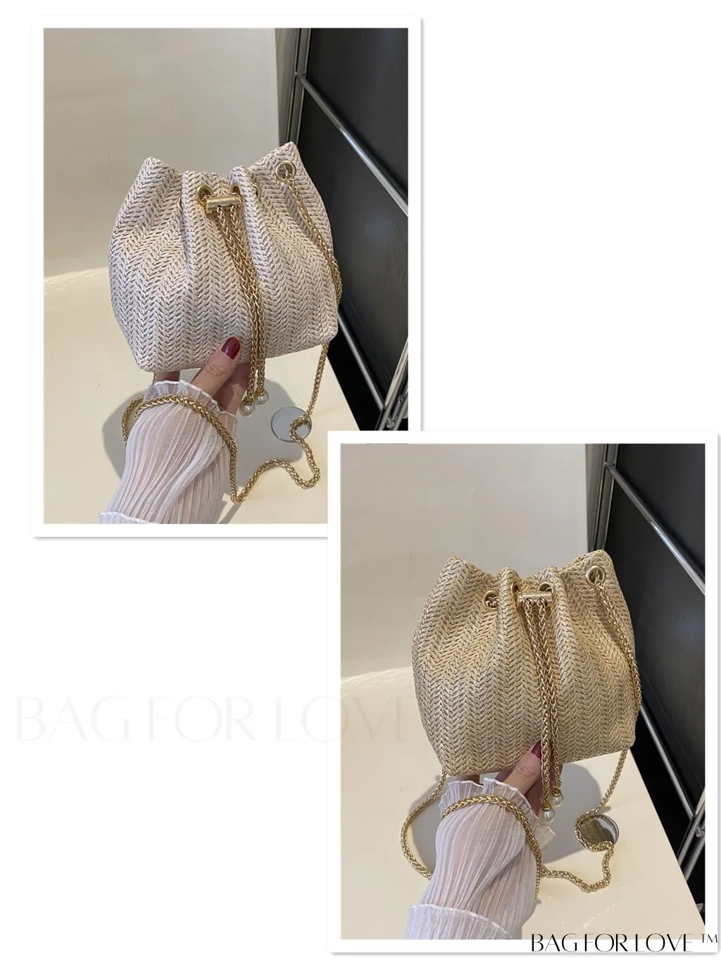 BagForLove - Chic Drawstring Bucket Bag with Mini Faux Pearl Embellishment