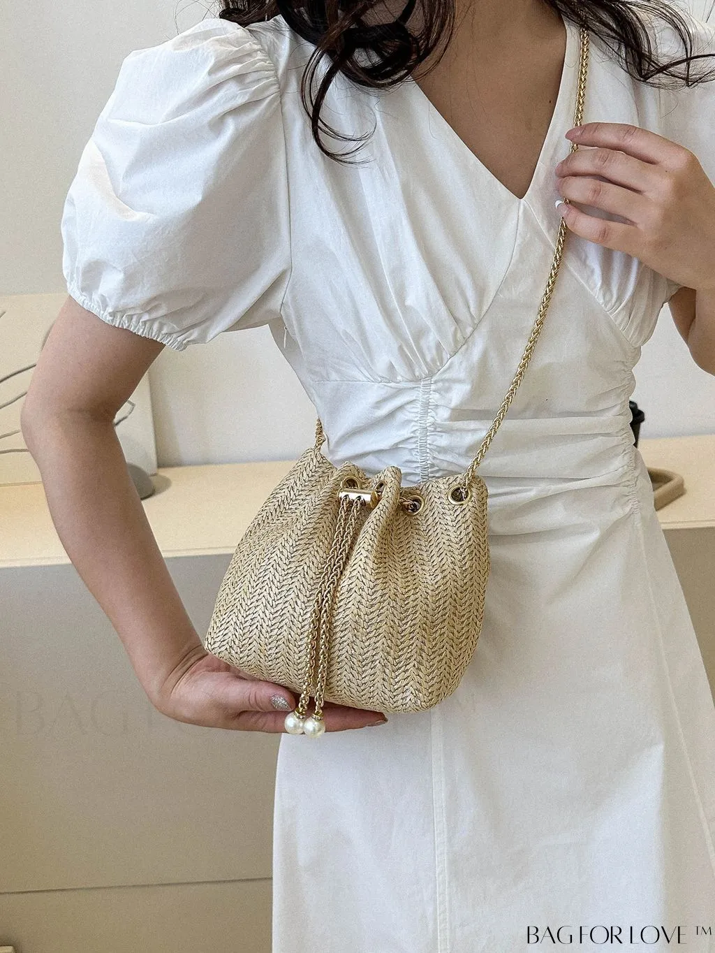 BagForLove - Chic Drawstring Bucket Bag with Mini Faux Pearl Embellishment