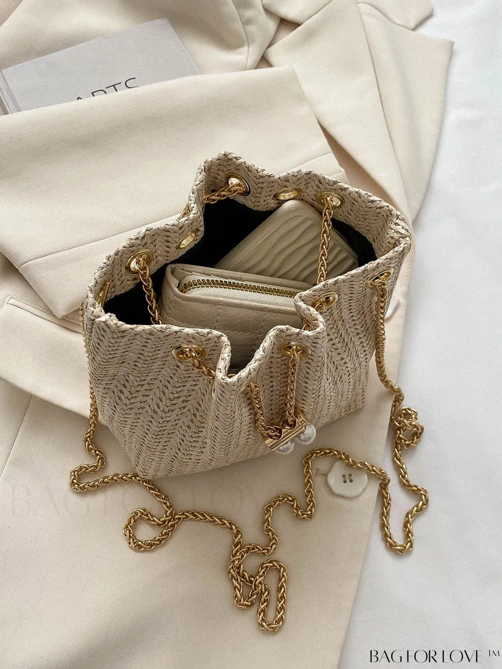 BagForLove - Chic Drawstring Bucket Bag with Mini Faux Pearl Embellishment