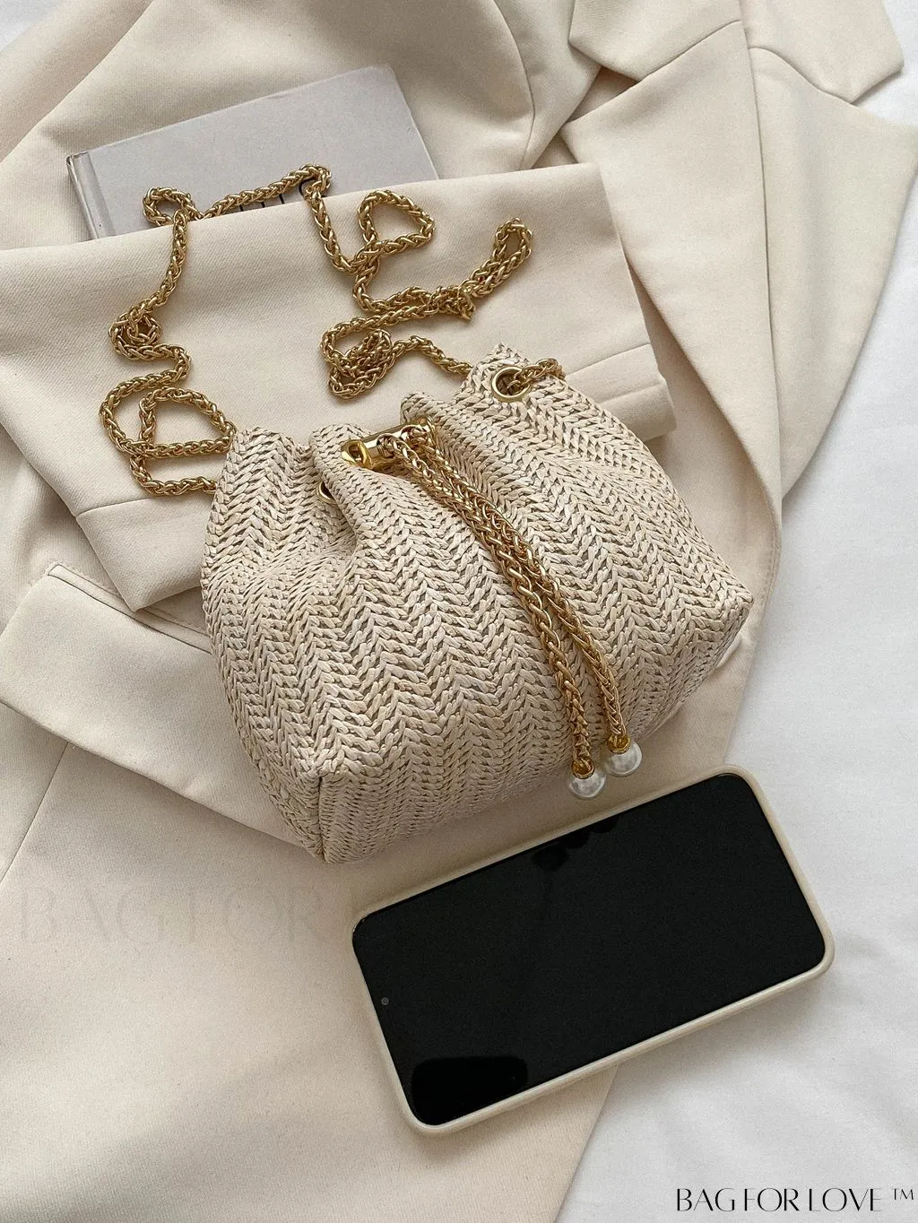 BagForLove - Chic Drawstring Bucket Bag with Mini Faux Pearl Embellishment
