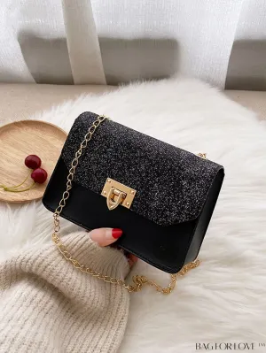 BagForLove - Compact Glitter Flap Crossbody Bag with Chain Strap