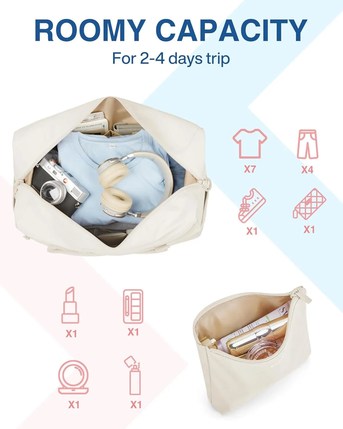 BAGSMART Travel Duffle Bag for Women, Multi Pockets Carry On Weekender Overnight Bag, Large Travel Tote for Personal Items, Beige