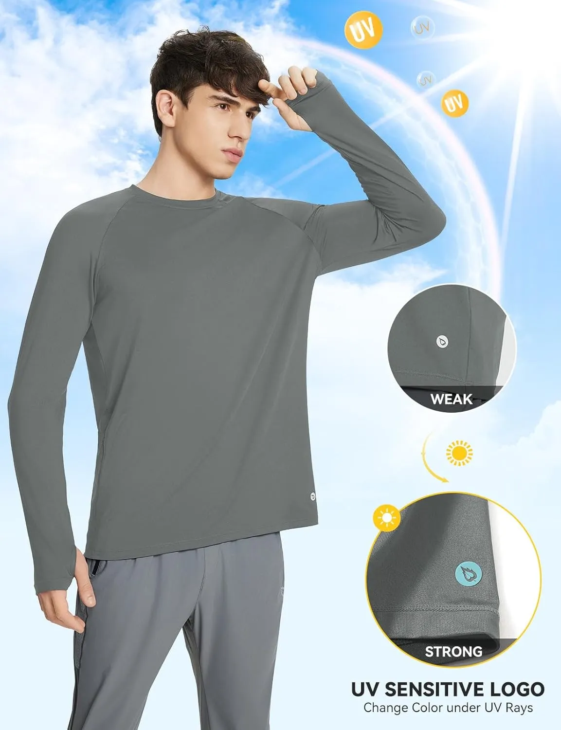 baleaf Men's Long Sleeve Running Shirts Sun Protection UV UPF 50  T Shirts Workout Athletic Gym Quick Dry Zip Pocket