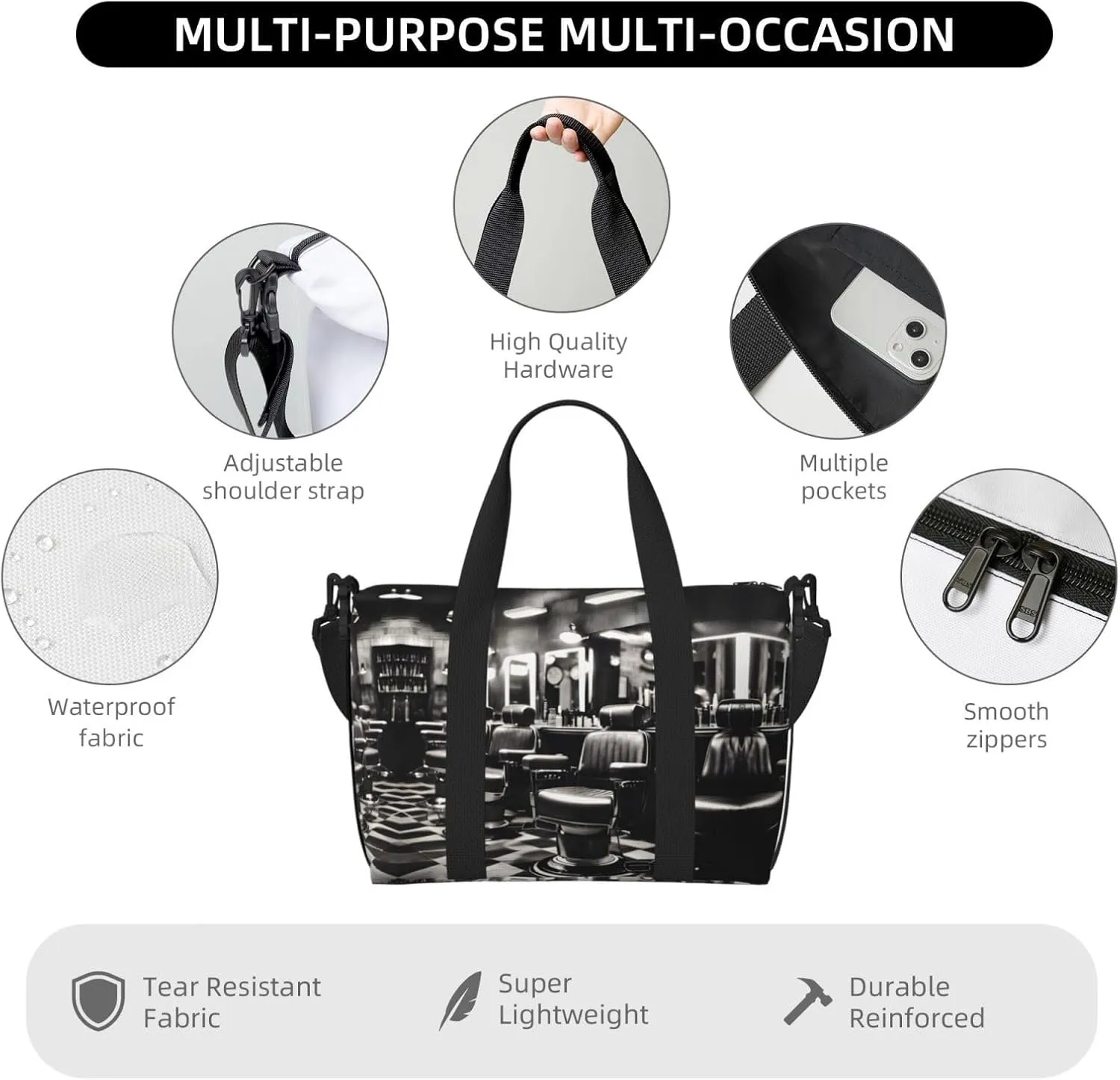 Barber Shop Monochrome Style Travel Bags, Weekender Carry On For Women, Sports Gym Bag, Workout Duffel Bag,Overnight