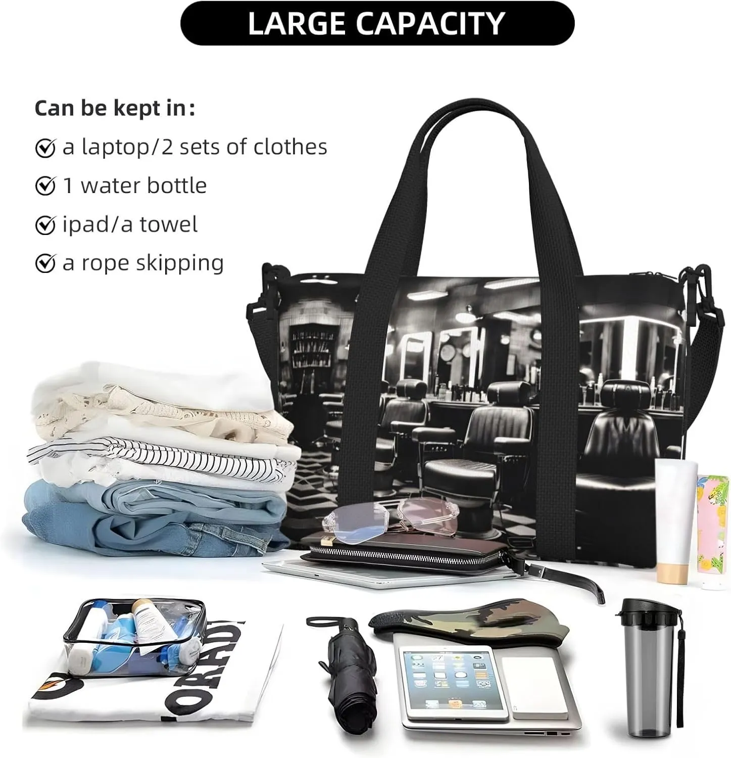 Barber Shop Monochrome Style Travel Bags, Weekender Carry On For Women, Sports Gym Bag, Workout Duffel Bag,Overnight