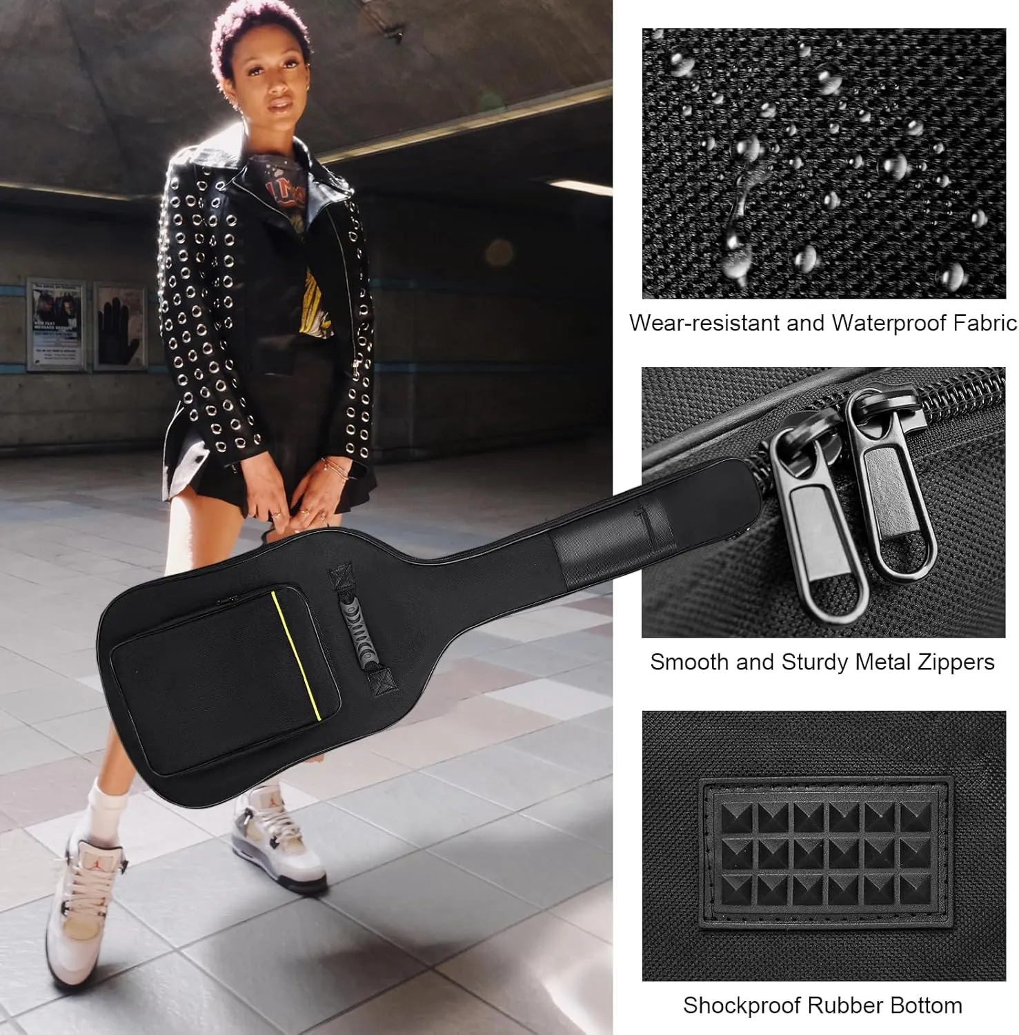 Bass Guitar Bag With 7mm Padding - Waterproof Electric Bass Case, Gig Bag Backpack With Neck Strap and Pockets, Black