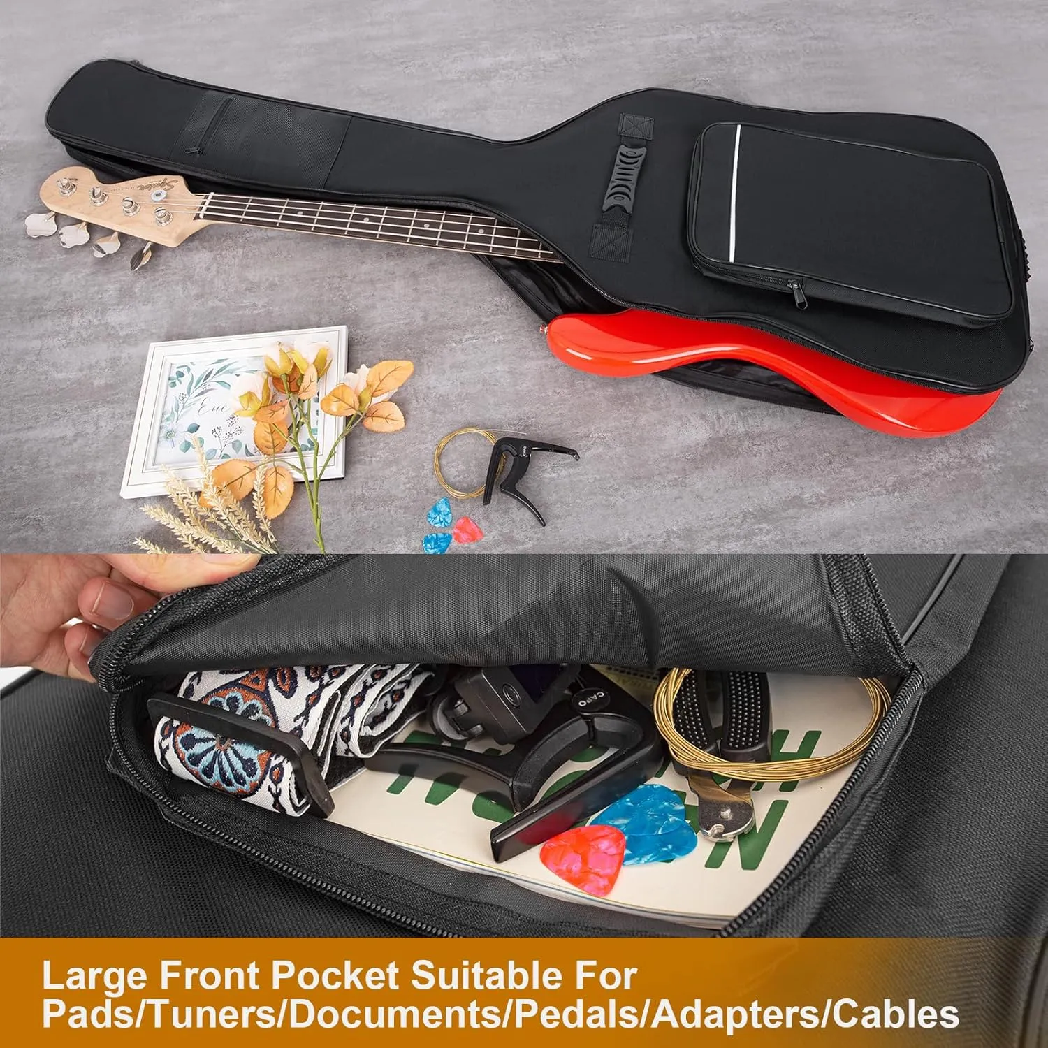 Bass Guitar Case, Bass Guitar Gig Bag 0.38 Inch Thick Padding Backpack Soft Electric Bass Guitar Bag Dual Adjustable Shoulder Strap Pocket & Back Hanger Loop Black