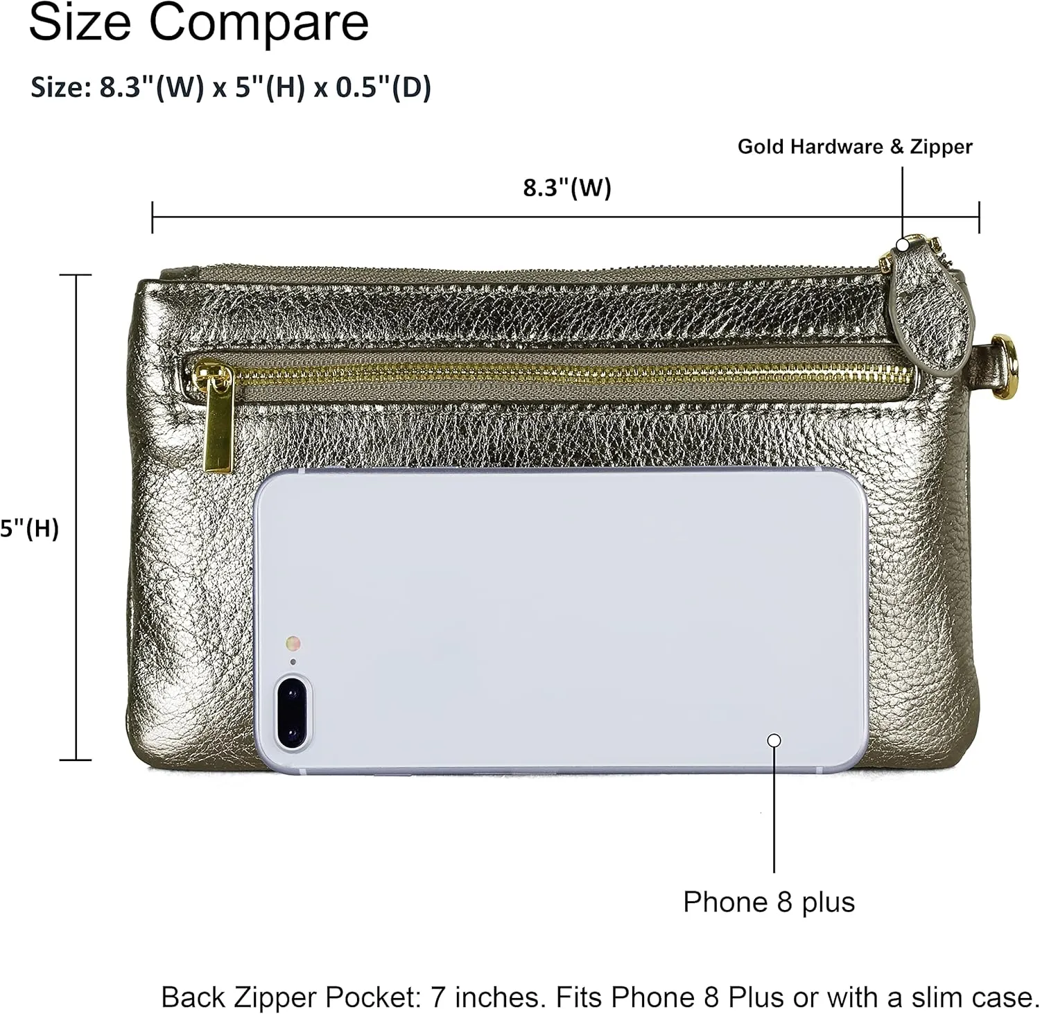 befen Women's Genuine Italian Leather Wristlet Clutch Wallet Purse, Gold Zipper