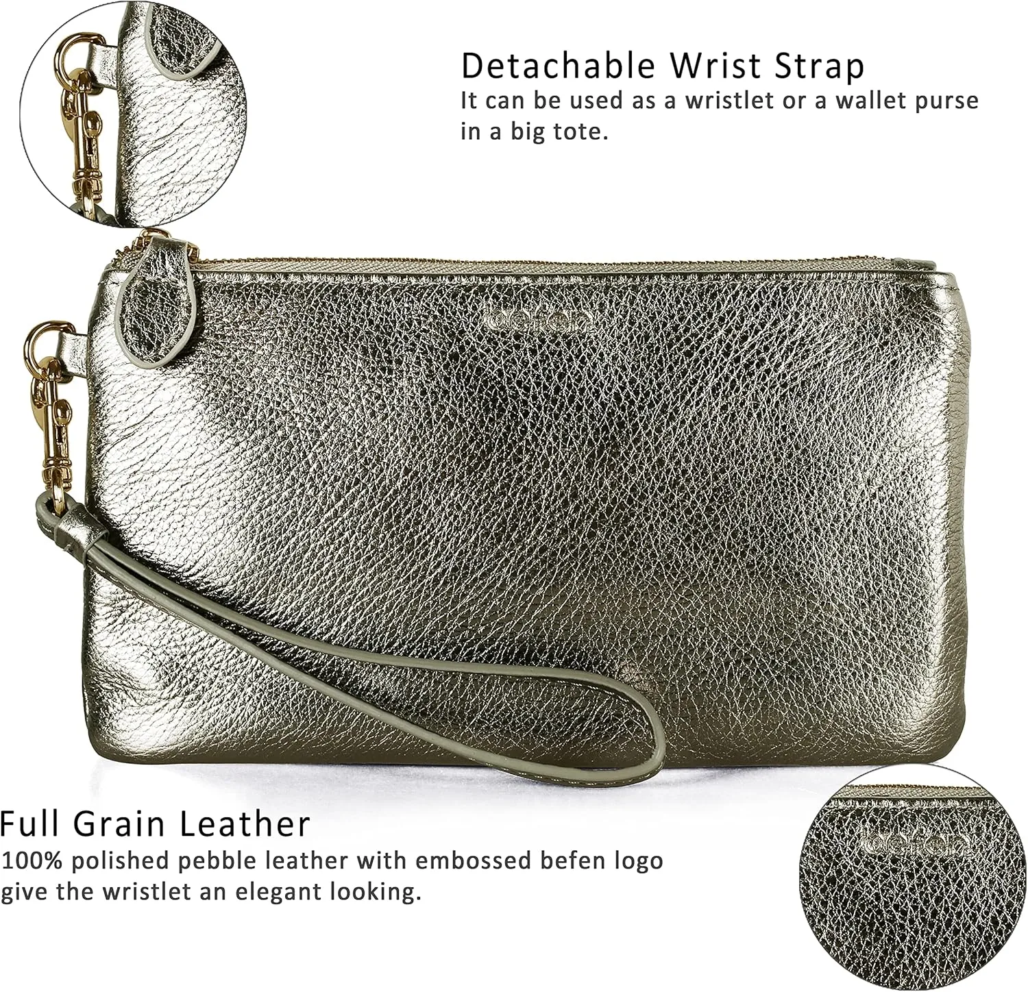 befen Women's Genuine Italian Leather Wristlet Clutch Wallet Purse, Gold Zipper