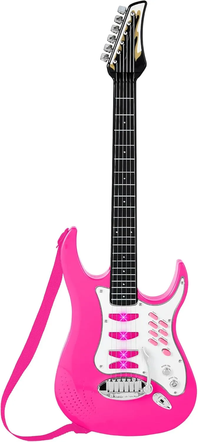 Best Choice Products Kids Electric Musical Guitar Play Set, Toy Guitar Starter Kit Bundle w/ 6 Demo Songs, Whammy Bar, Microphone, Amp, AUX, 2 Sticker Sheets - Pink