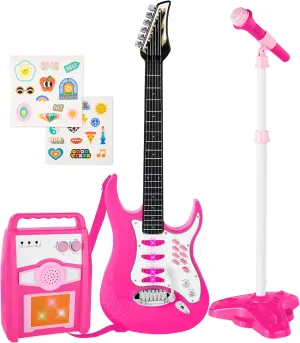Best Choice Products Kids Electric Musical Guitar Play Set, Toy Guitar Starter Kit Bundle w/ 6 Demo Songs, Whammy Bar, Microphone, Amp, AUX, 2 Sticker Sheets - Pink