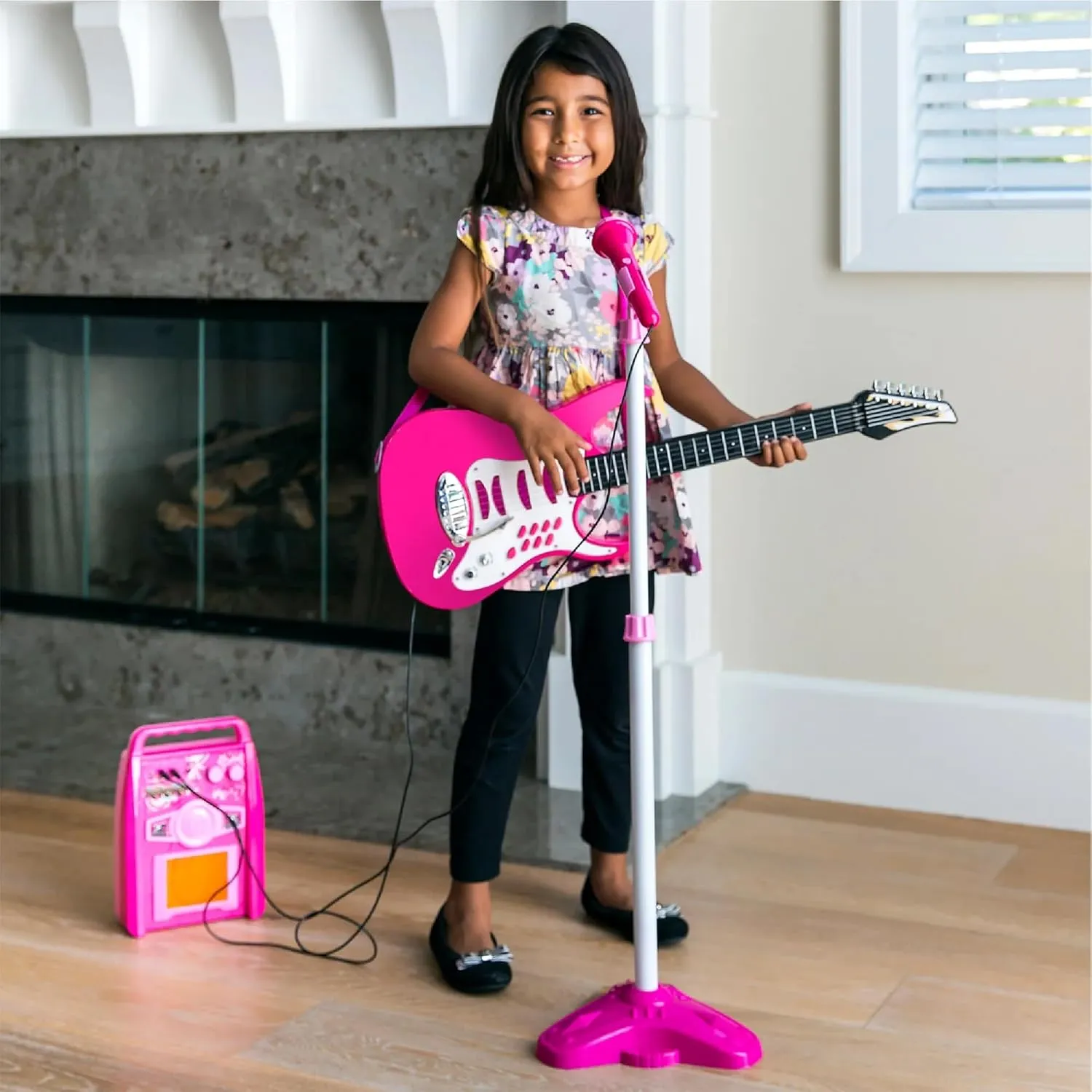 Best Choice Products Kids Electric Musical Guitar Play Set, Toy Guitar Starter Kit Bundle w/ 6 Demo Songs, Whammy Bar, Microphone, Amp, AUX, 2 Sticker Sheets - Pink