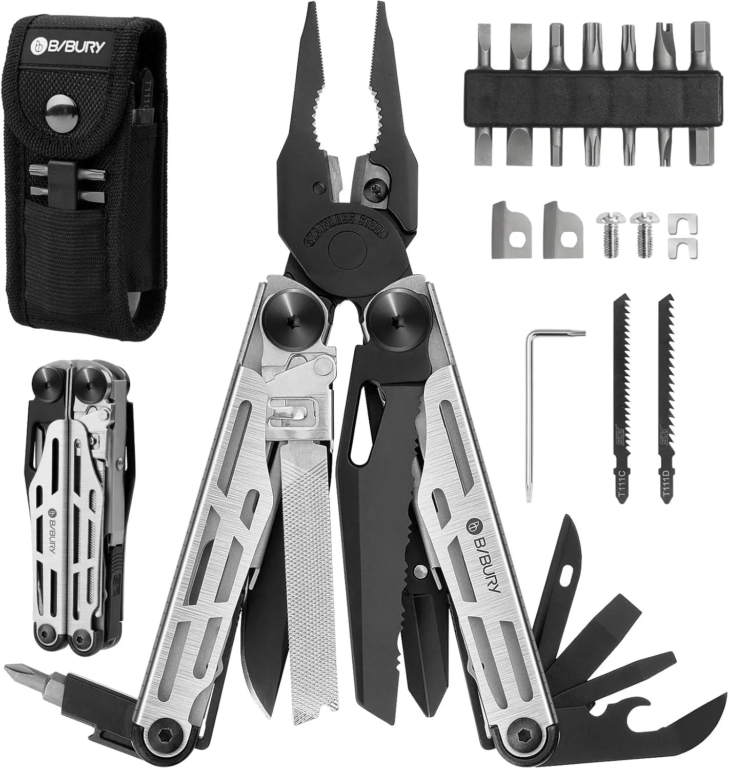 BIBURY Multitool Pliers Pro BI2045, Foldable Multitools with Replaceable Wire Cutters and Saw, Stainless Steel Multi Tool w/Upgraded Scissors and Screwdriver Set, Ideal for Camping, Fishing, Survival