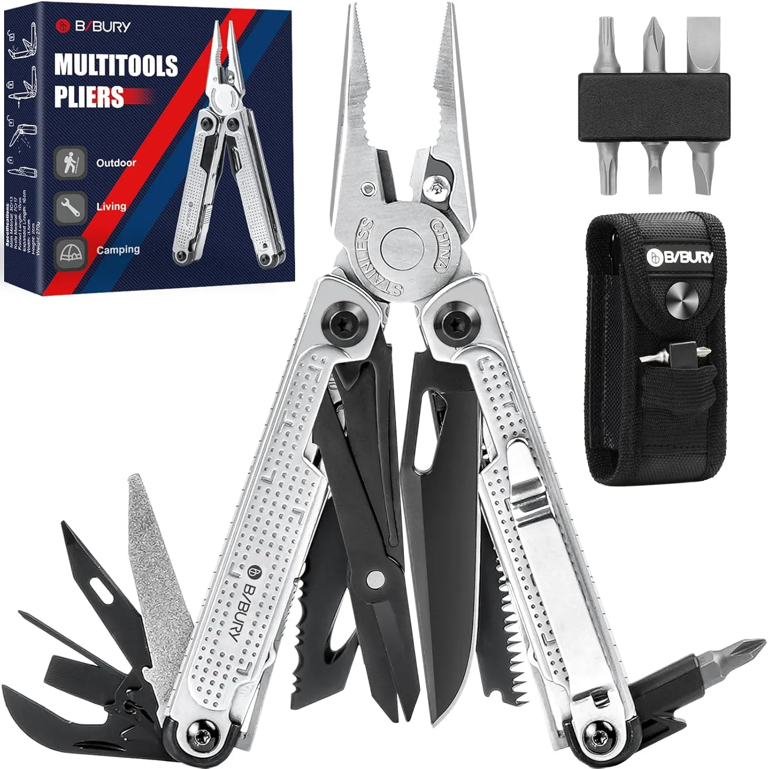 BIBURY Multitool Pliers, Stainless Steel Multi Tool with Upgraded Rope Cutter and Screwdrive, Foldable Self-locking Multitools with Nylon Pouch, Ideal for Camping, Hiking, Survival, Repair