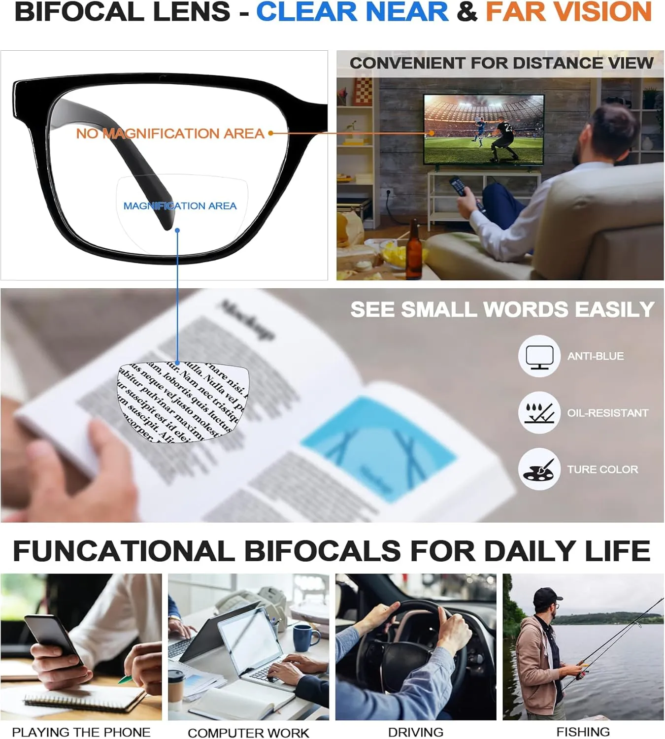 Bifocal Reading Glasses Men Blue Light Blocking Computer Readers 1.0 1.25 1.5 1.75 2.0 2.25 2.5 2.75 3.0 3.25 3.5
