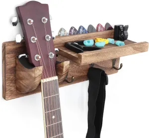 Bikoney Wall Mount Guitar Hanger Shelf with Pick Holder and 3 Hooks - Carbonized Black Guitar Holder for Acoustic, Electric, Bass, Ukulele [U.S. Patent]