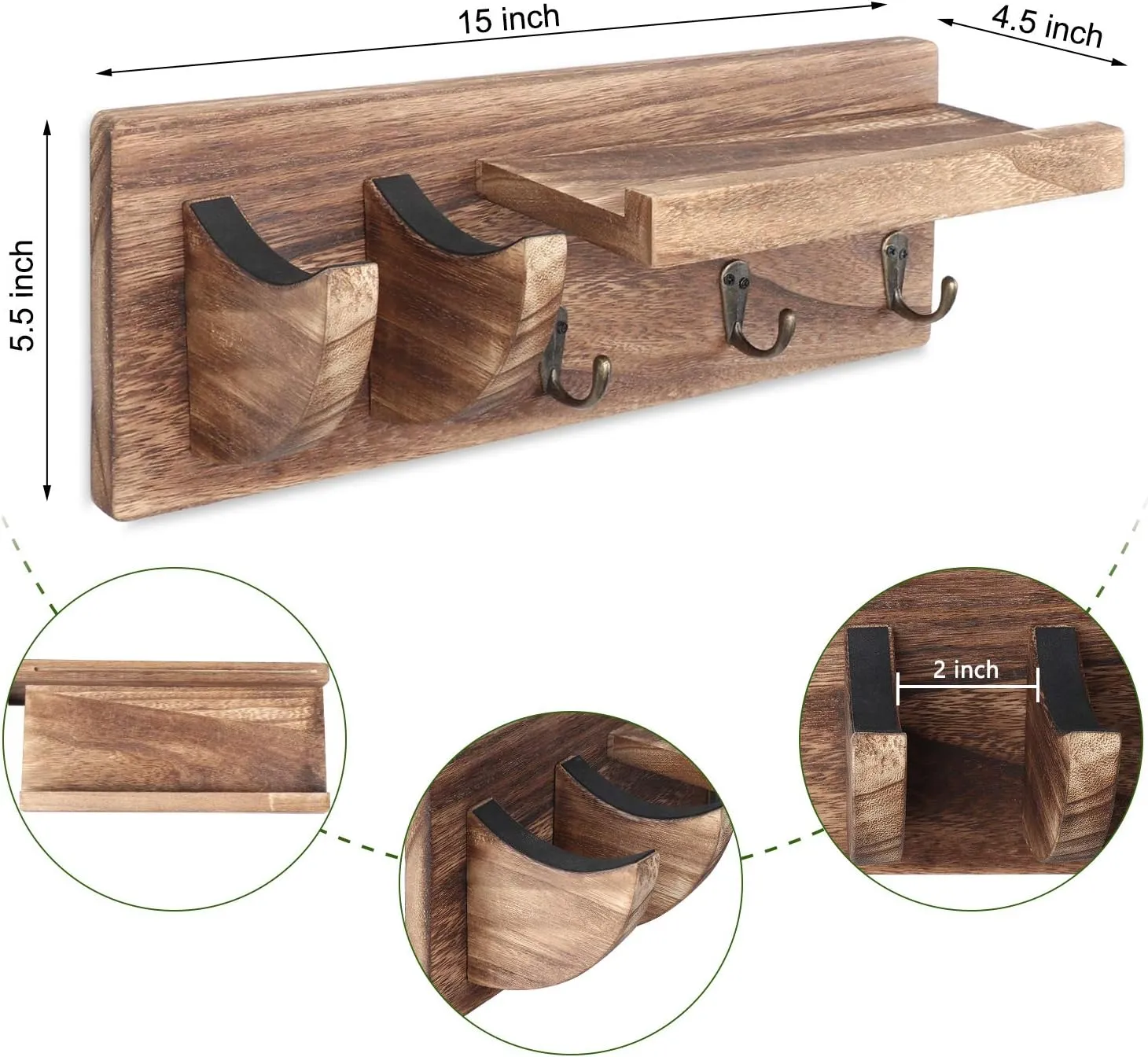 Bikoney Wall Mount Guitar Hanger Shelf with Pick Holder and 3 Hooks - Carbonized Black Guitar Holder for Acoustic, Electric, Bass, Ukulele [U.S. Patent]
