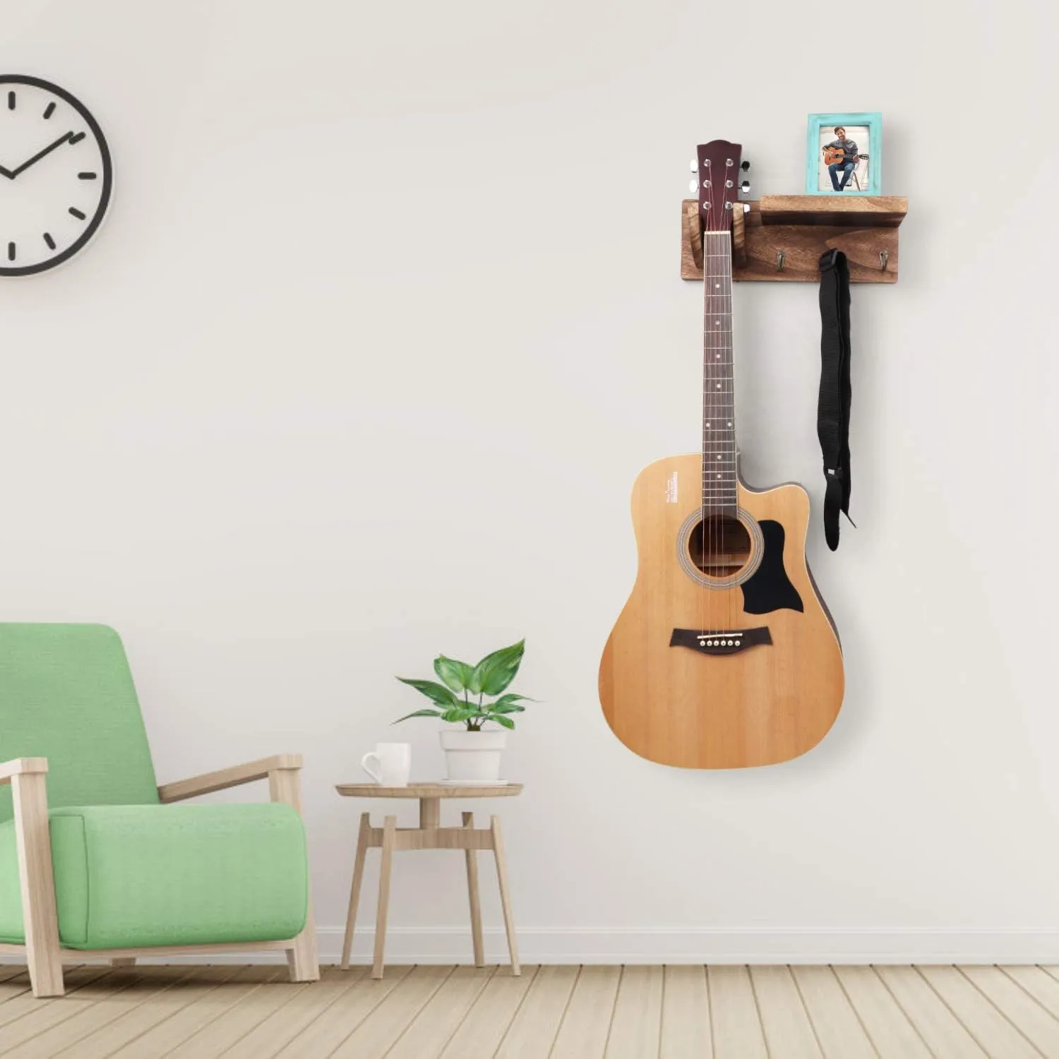 Bikoney Wall Mount Guitar Hanger Shelf with Pick Holder and 3 Hooks - Carbonized Black Guitar Holder for Acoustic, Electric, Bass, Ukulele [U.S. Patent]